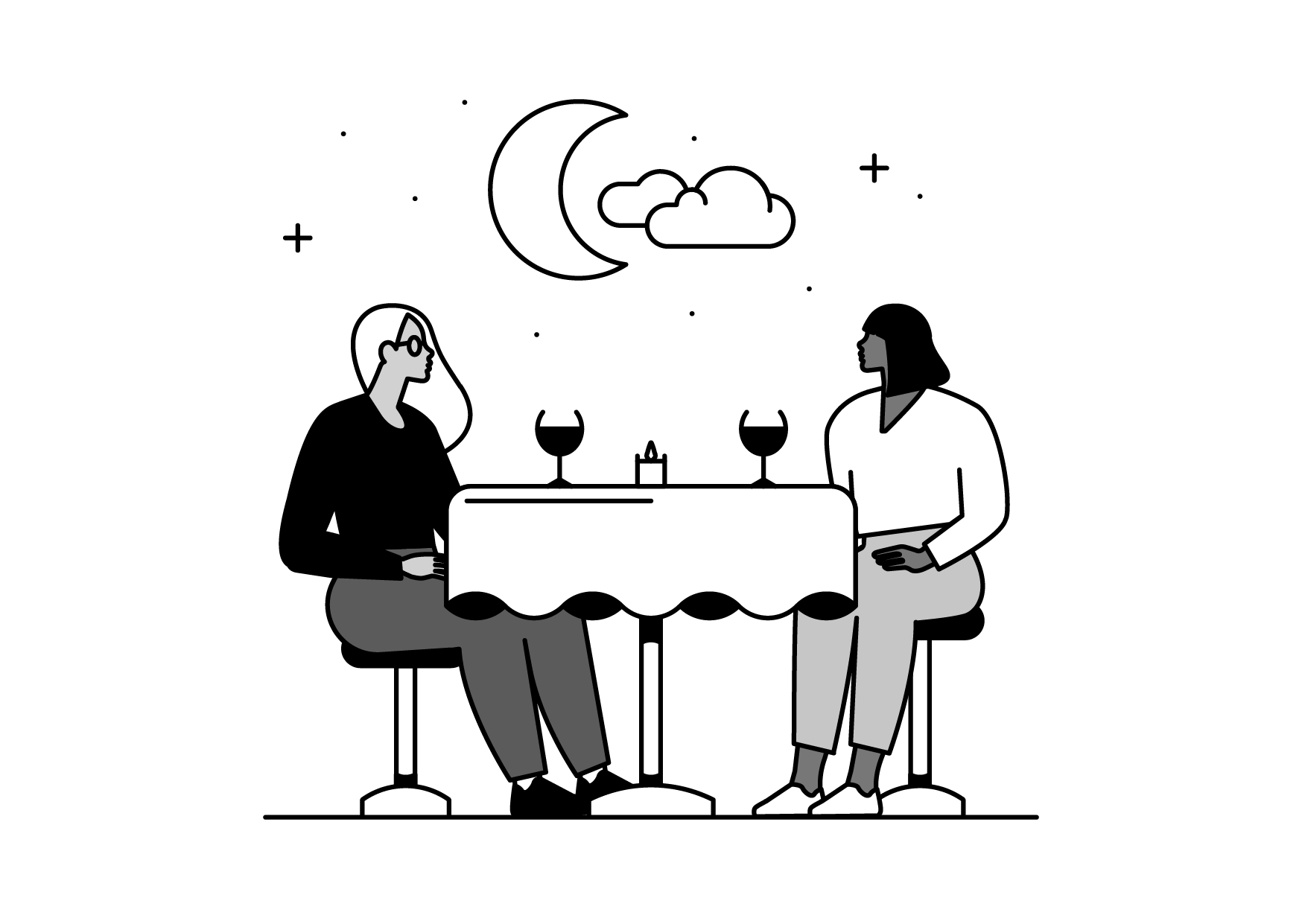 A black and white illustration of a man and woman sitting at a table outside, with a candle on the table and a cloud in the sky.