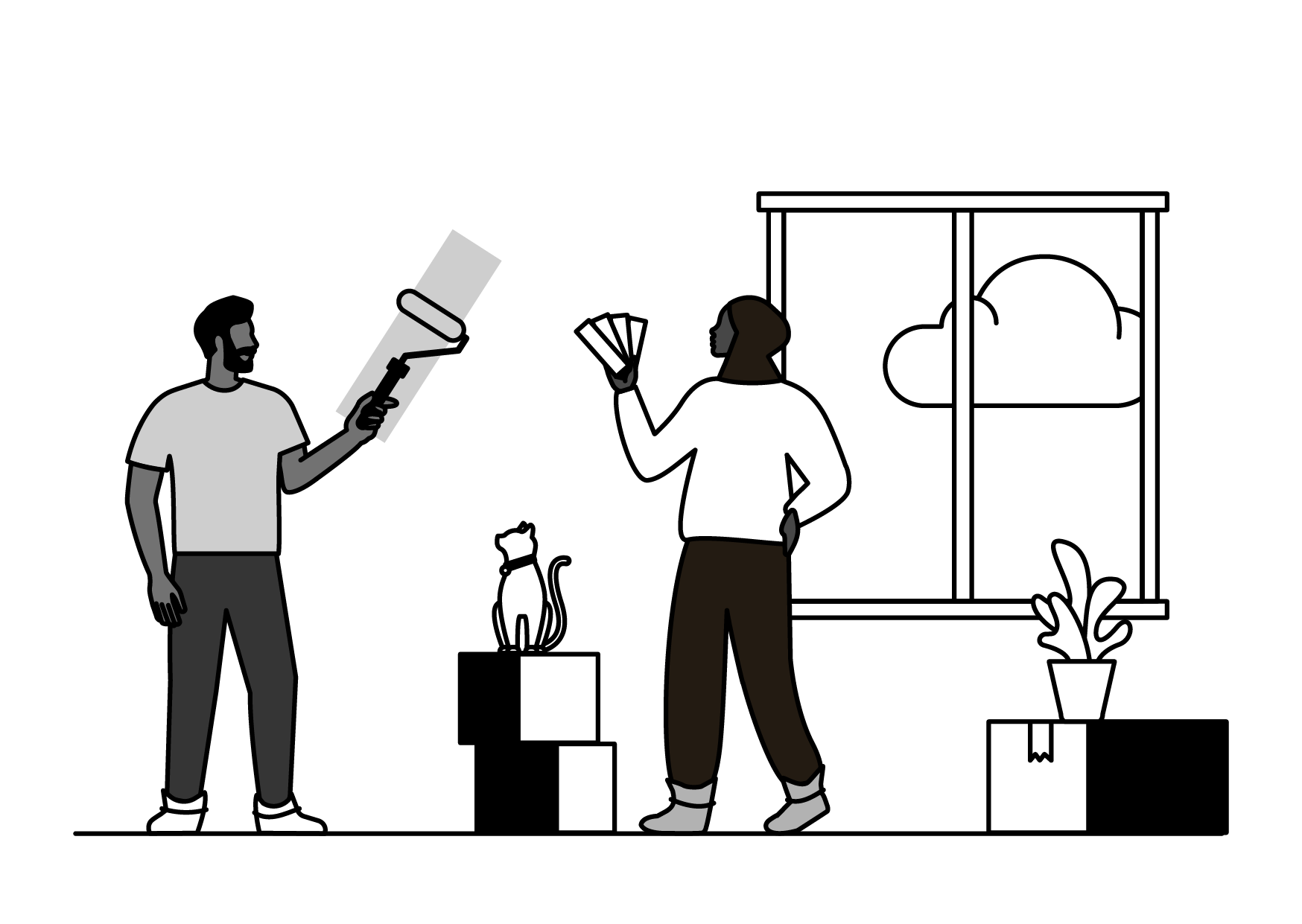 Two people in a room with a window showing clouds, a potted plant, a small cat sitting on a box, one person holding a telescope, the other holding cards.