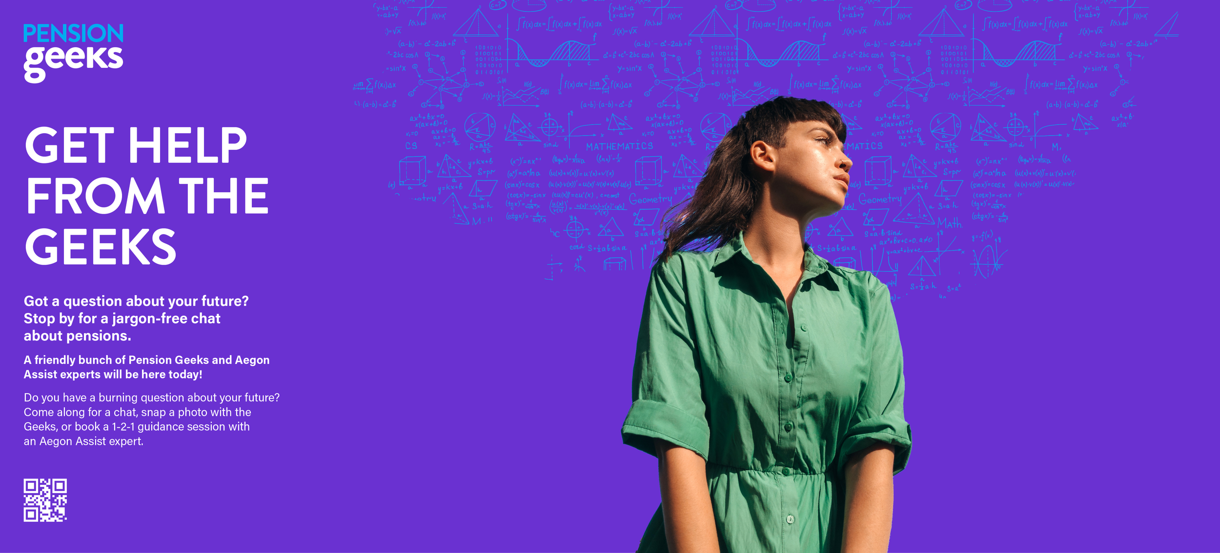 A woman with dark hair, wearing a green shirt, stands in front of a purple background with mathematical formulas and diagrams. The text on the image promotes help from Pension Geeks for questions about pensions, inviting viewers to chat or book a gui