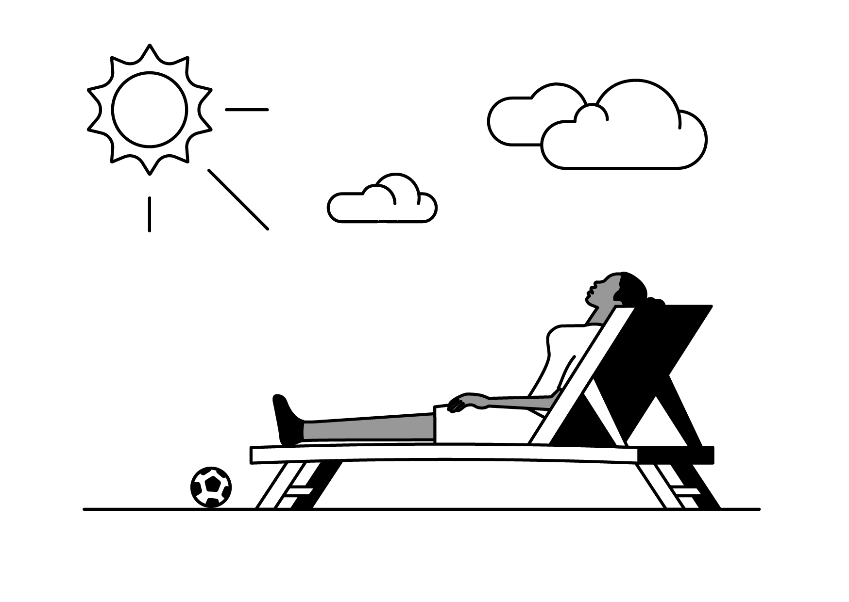 Person relaxing on a lounge chair outdoors with the sun and clouds in the sky.
