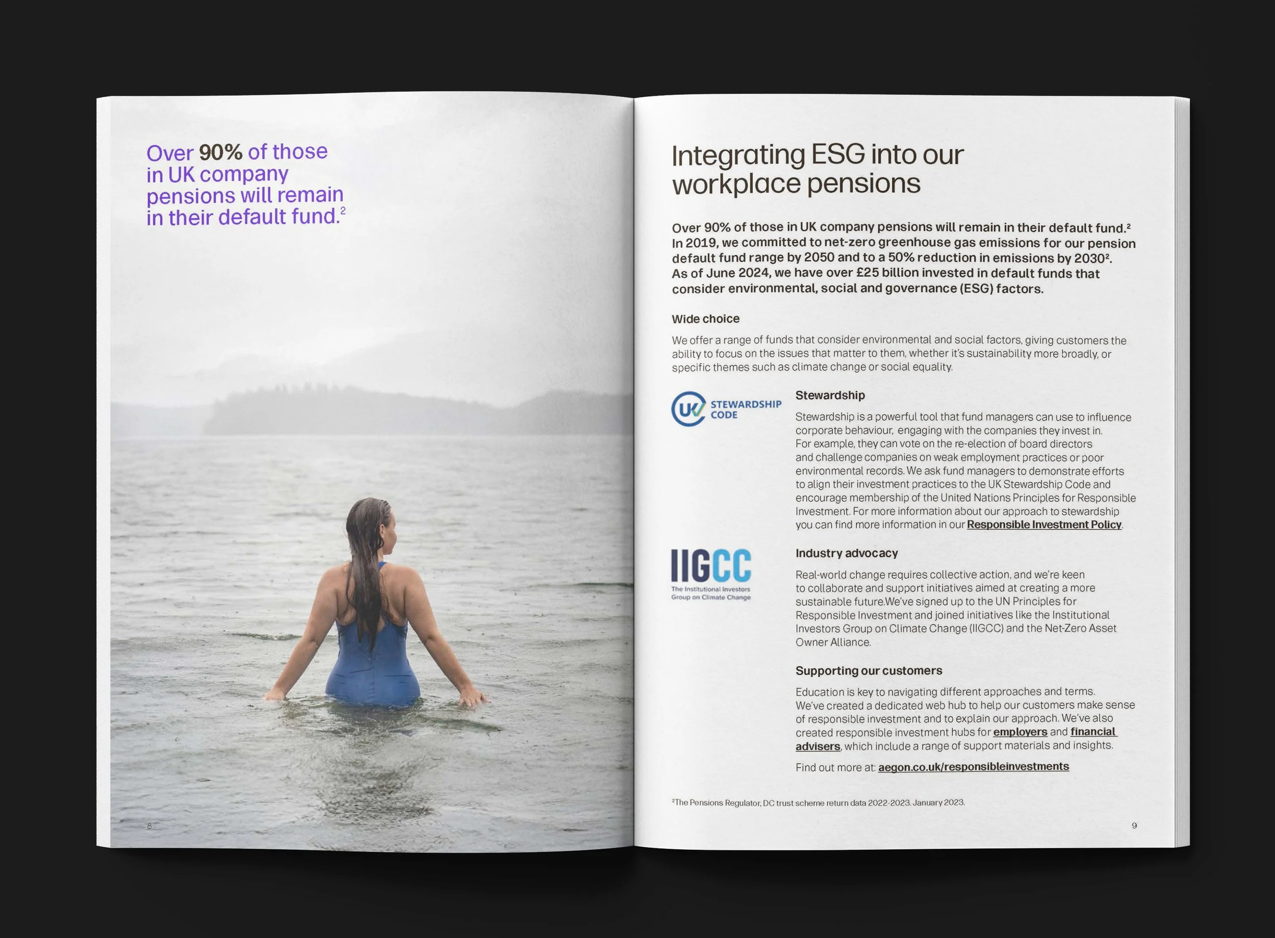 An open magazine featuring an article on environmental, social, and governance (ESG) investing. The left page shows a person in a blue swimsuit standing waist-deep in a body of water, facing away, with a misty landscape and water in the background.