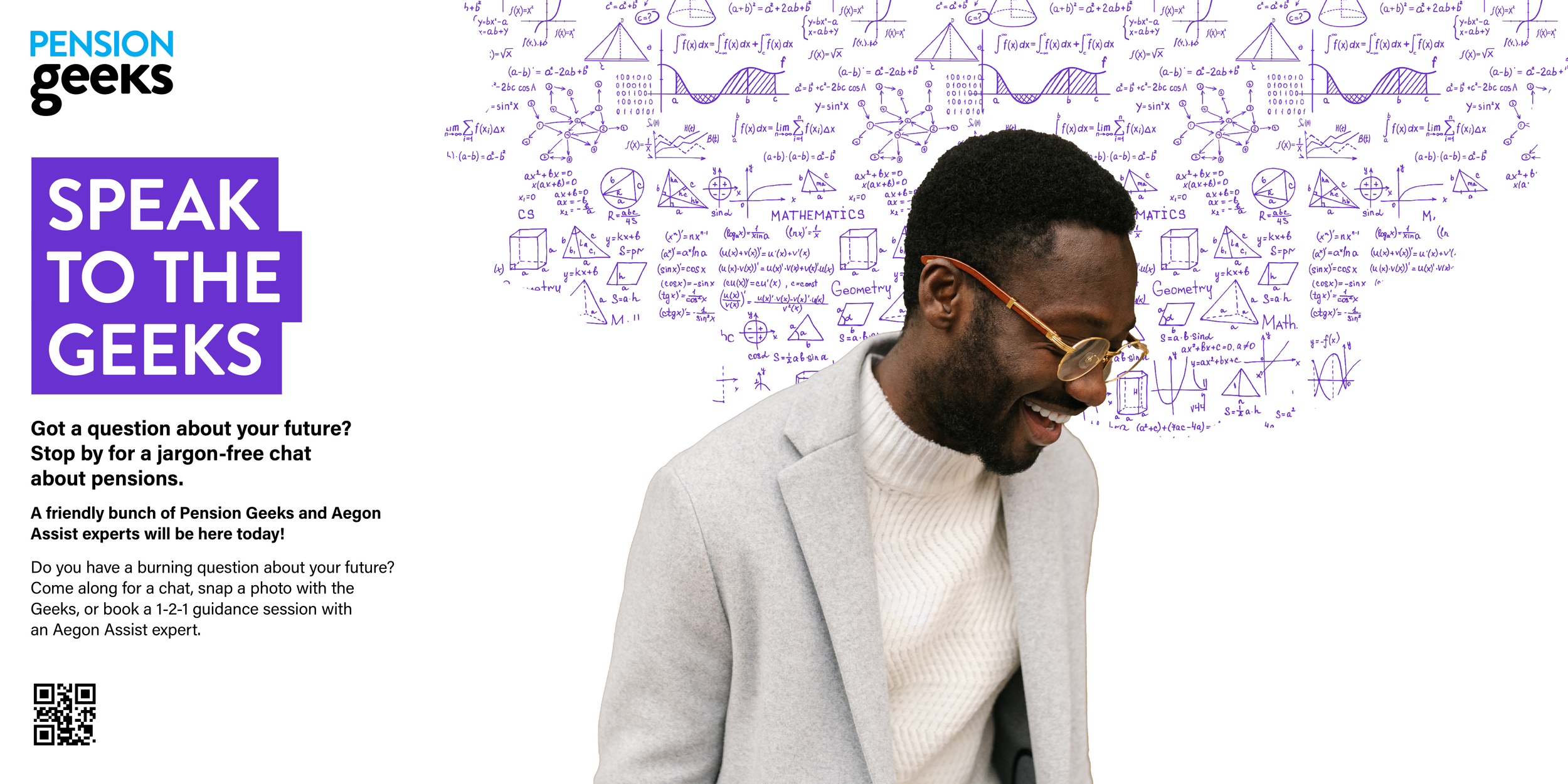 A promotional image for Pension Geeks featuring a smiling man wearing glasses and a light gray blazer. The background contains purple mathematical diagrams and equations, with a white left section displaying black text inviting questions about pensio