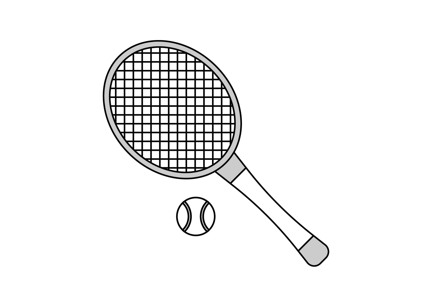 Black background with a grey and white tennis racket and a tennis ball.