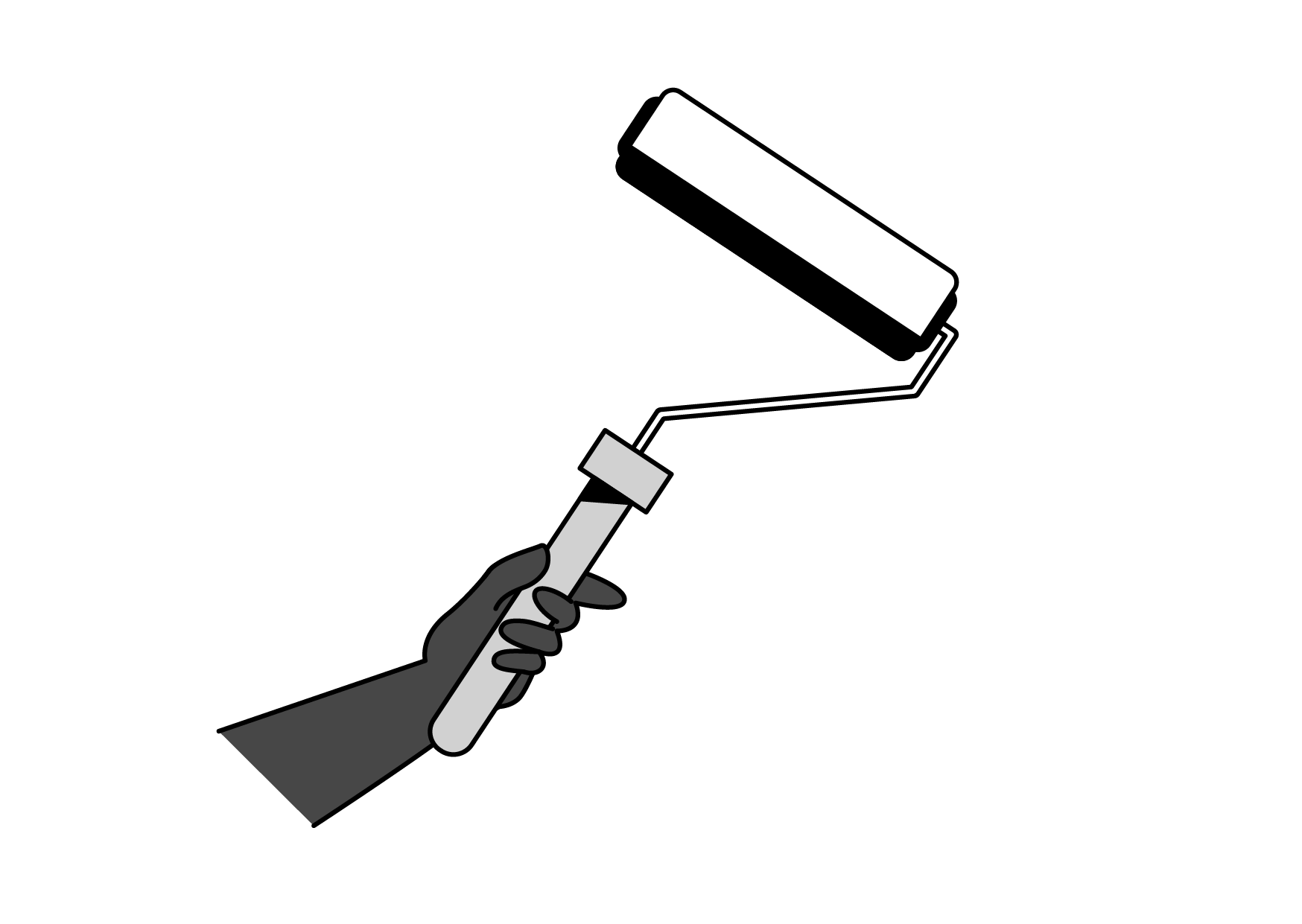 Illustration of a black hand holding a paint roller with a long handle, painting a black background.