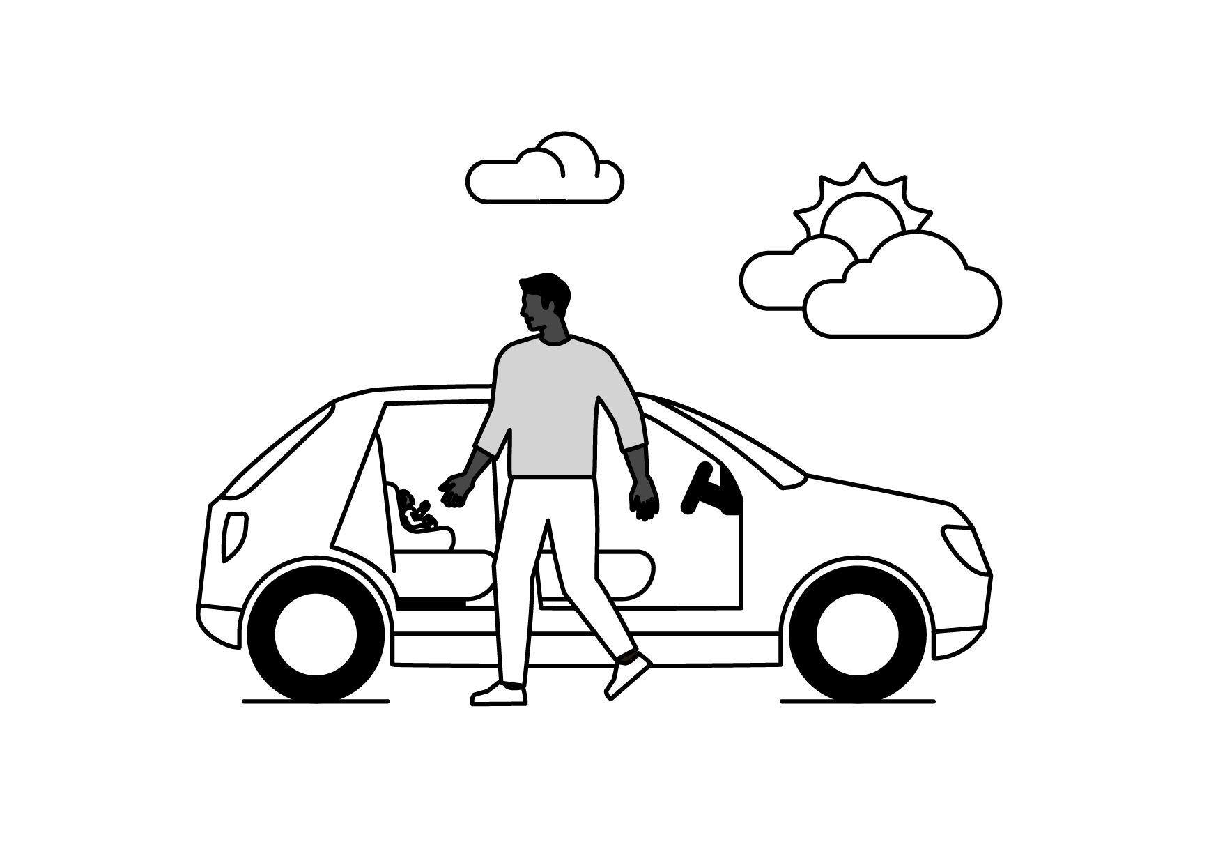 A person standing outside a car with the driver's door open, against a background of clouds and a sun.