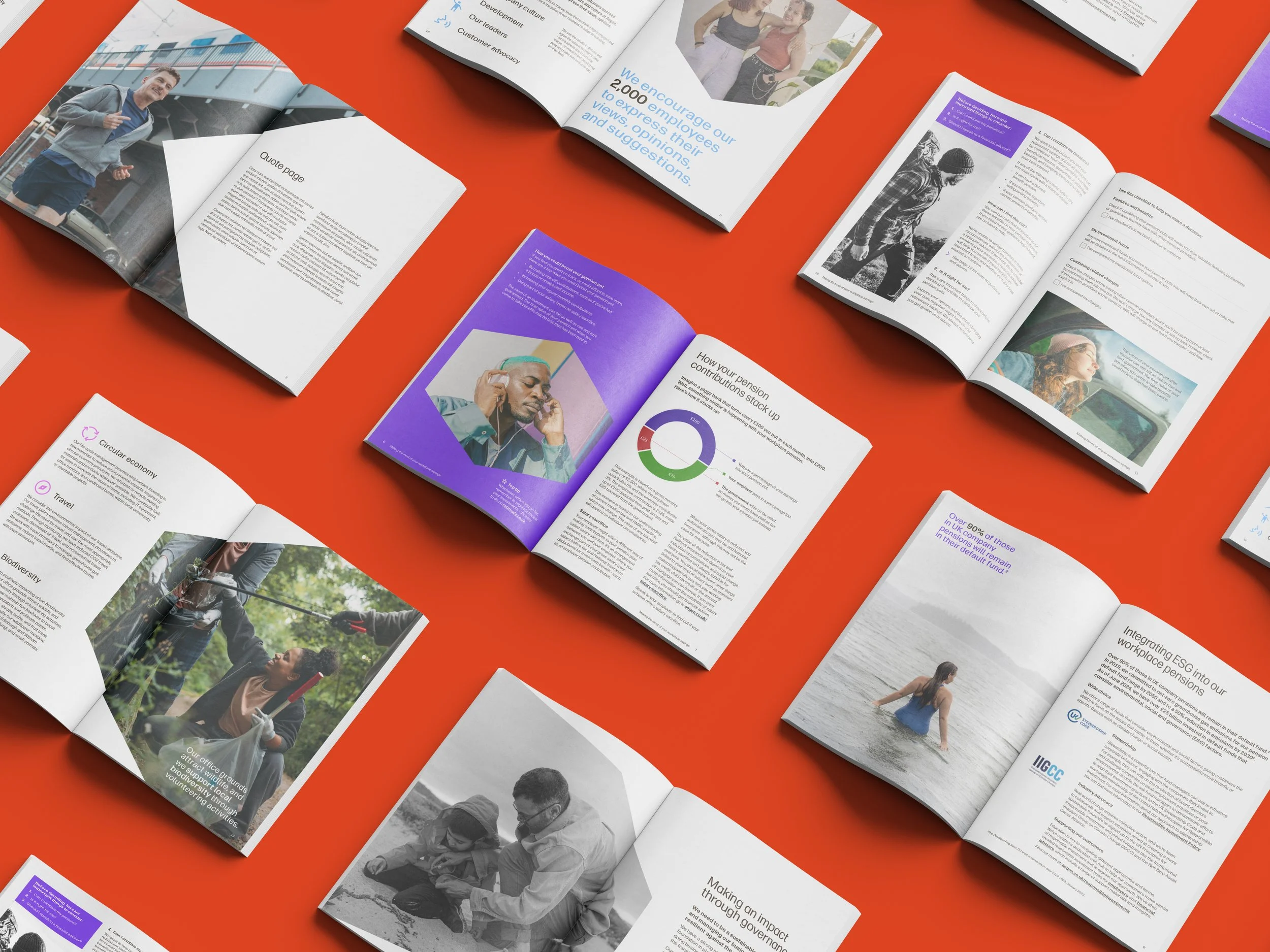 Collection of open magazines or brochures featuring various images and articles, laid out on a reddish-orange surface. The magazines include photos of people, some in outdoor settings, and graphical content such as pie charts.