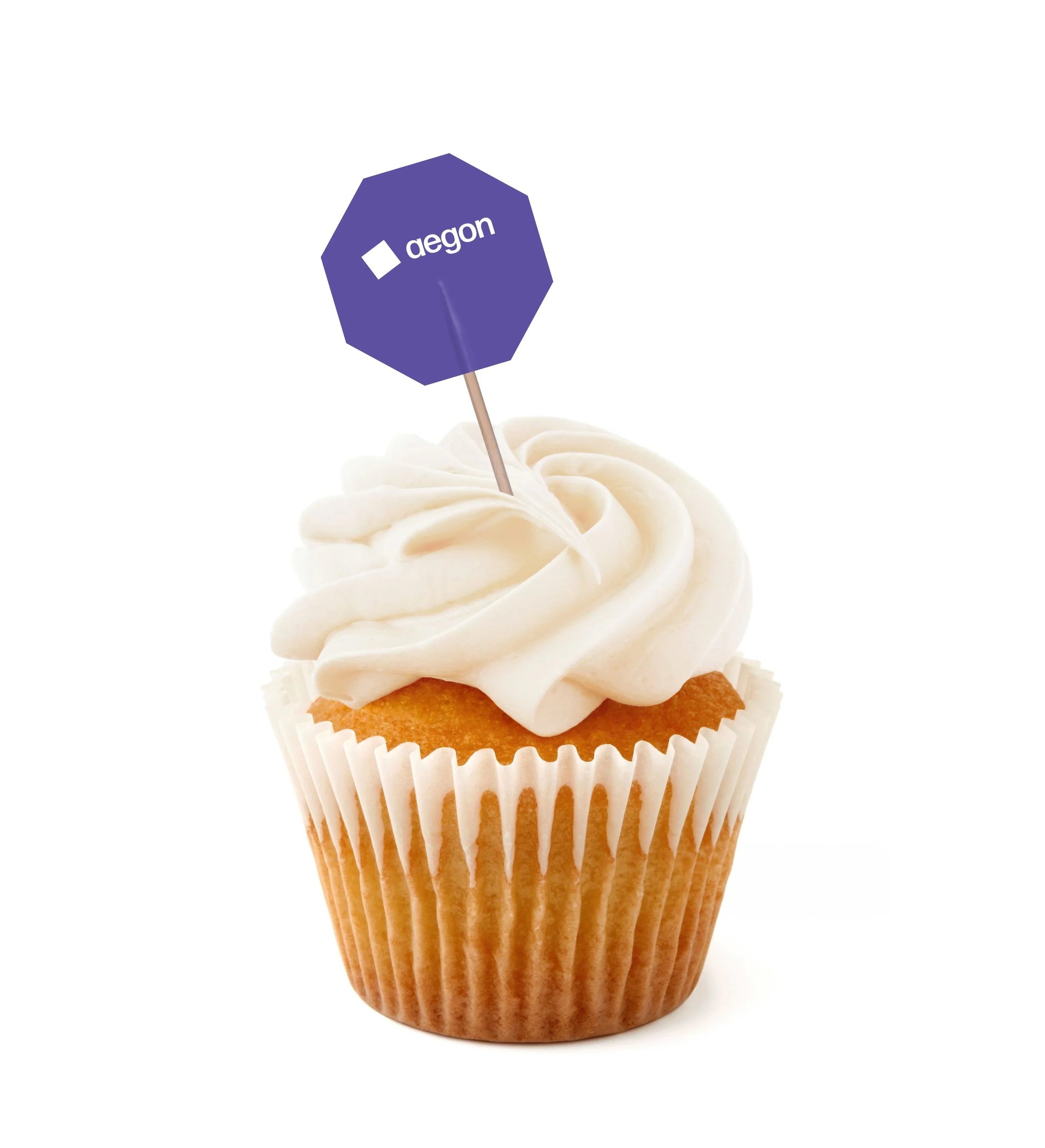 Cupcake with white frosting and a small purple umbrella with the Aegon logo.