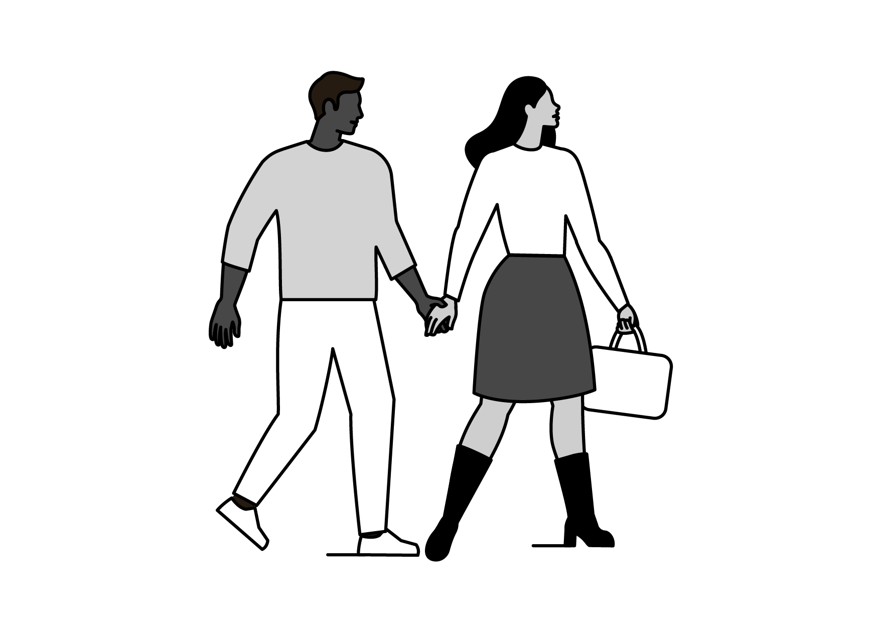 Illustration of a man and woman walking hand in hand, the woman holding a suitcase.