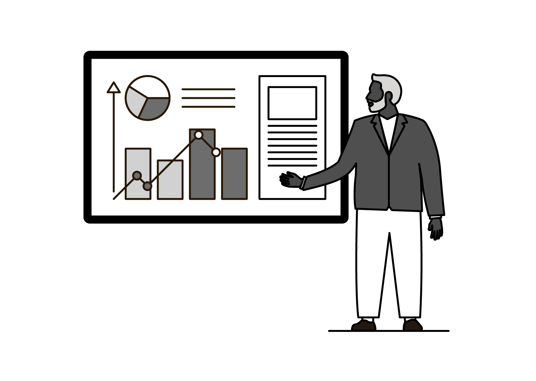 A man in a suit presenting a business infographic with charts and graphs on a large screen.