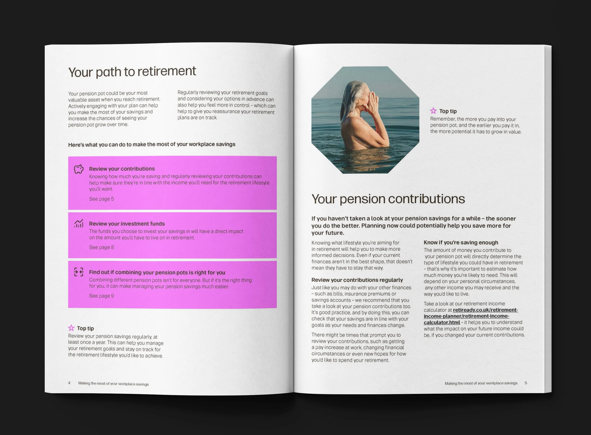 Open booklet titled 'Your path to retirement' with a photo of an elderly woman in the water, hands clasped together, on page 5. The booklet includes sections on reviewing contributions, investment funds, and pension tips.