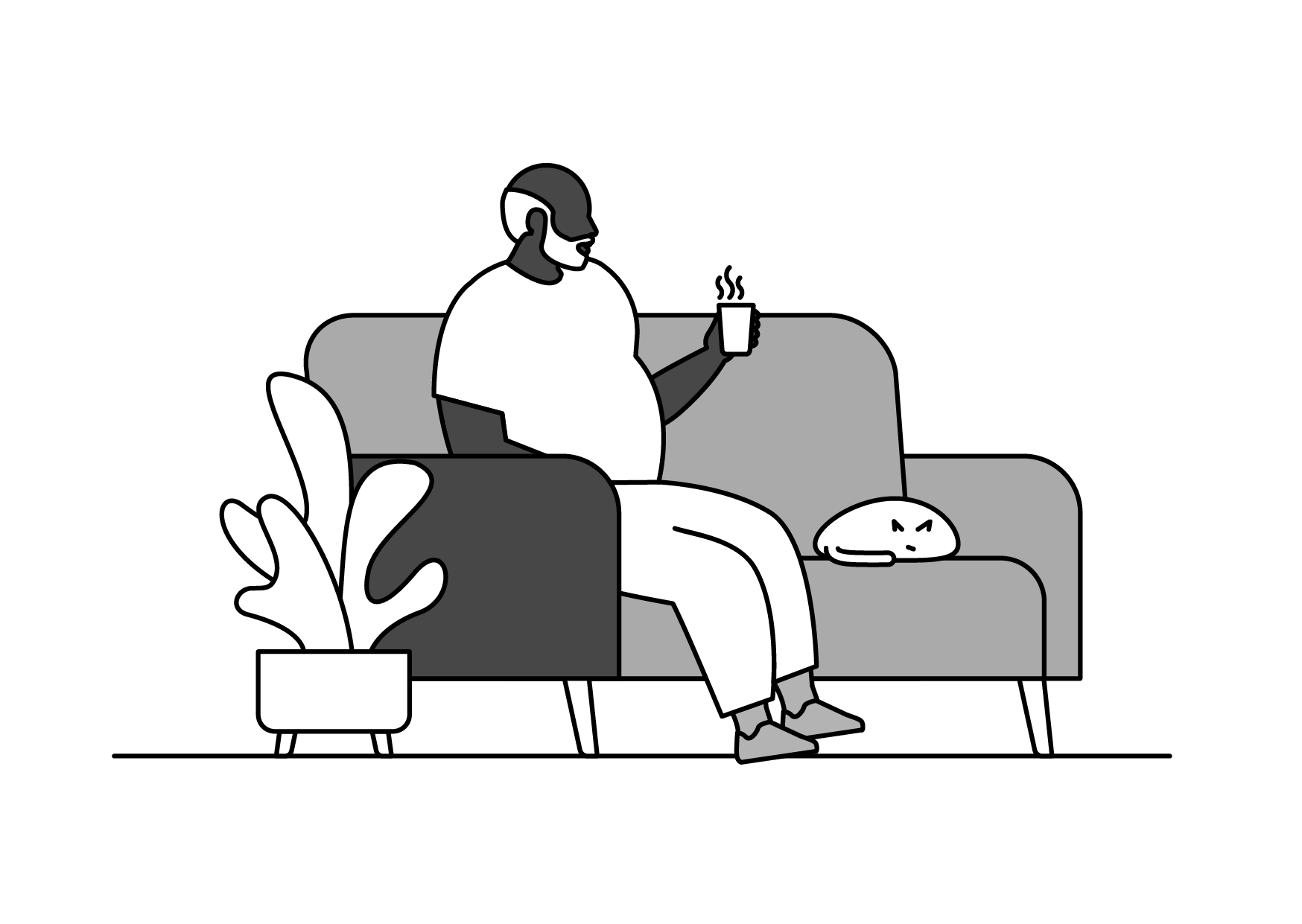 A person sitting on a couch, holding a glass, with a cat lying on the couch next to them, and a plant on the side table.