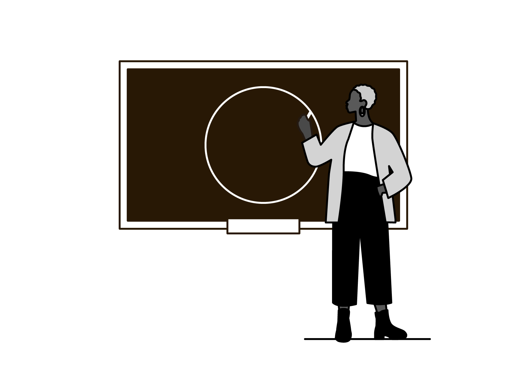 A woman standing in front of a black chalkboard, pointing at a white circle drawn on the board.