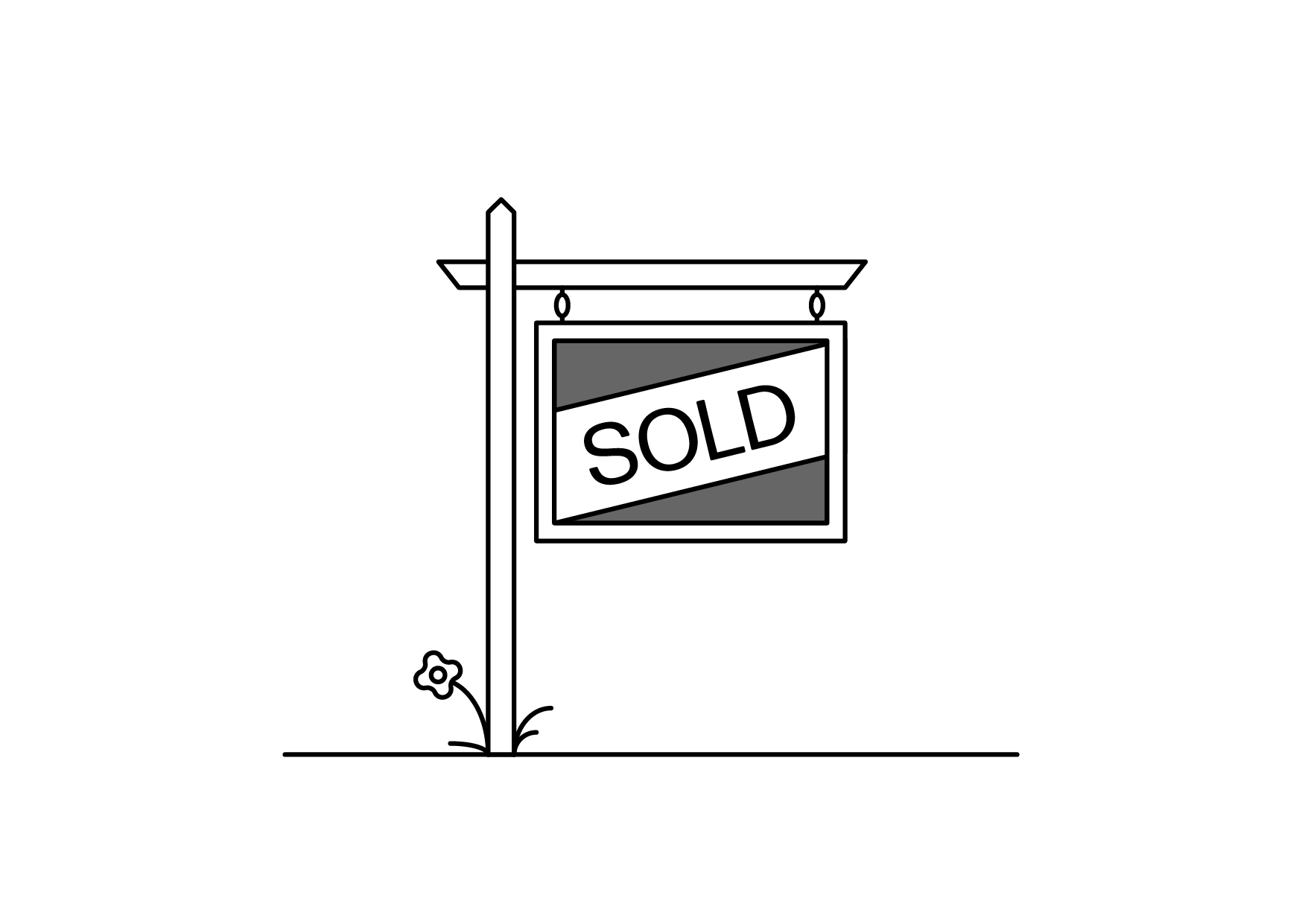 A black and white illustration of a real estate signpost with a 'SOLD' sign hanging.