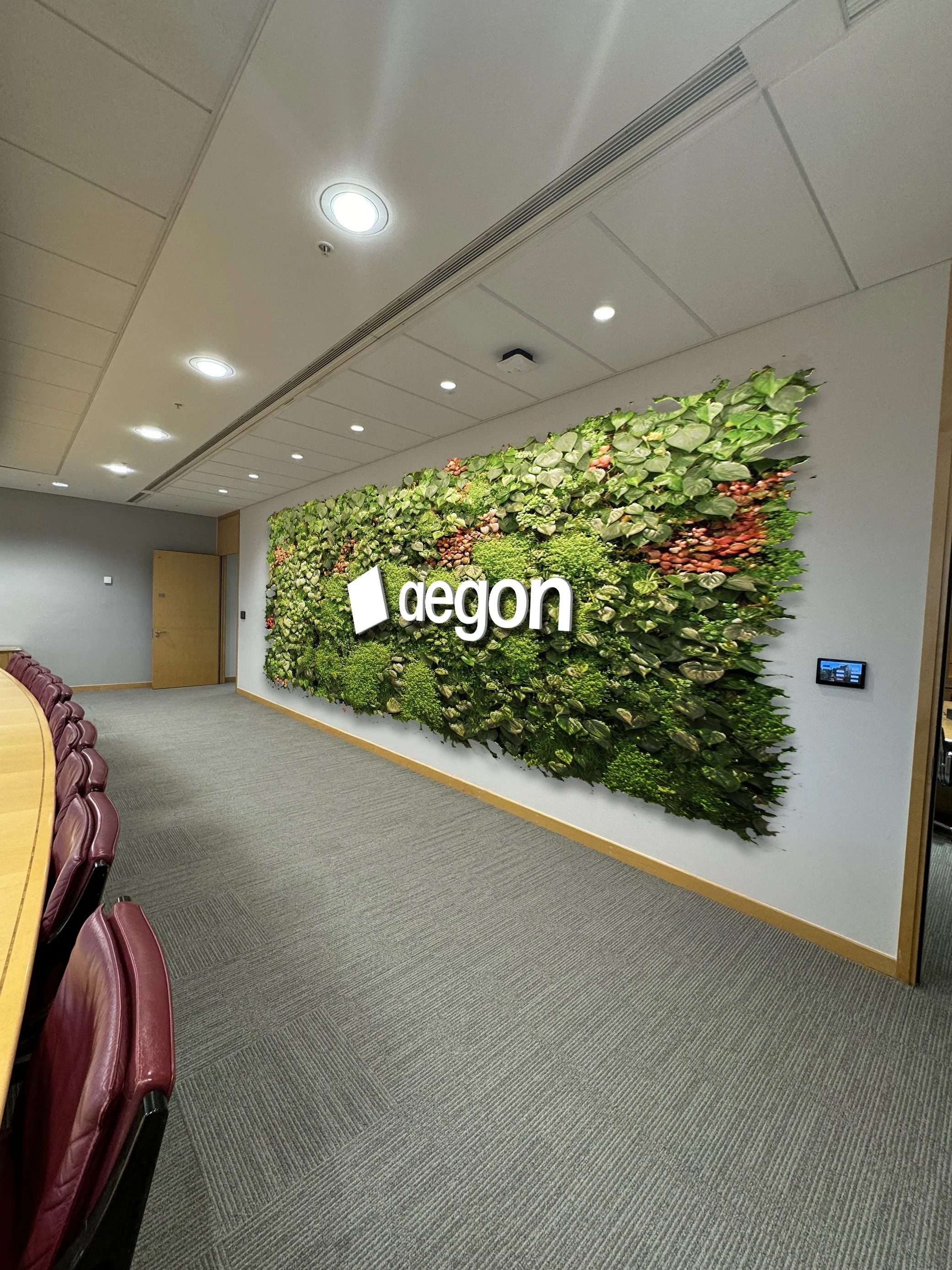 Office conference room with a green wall featuring the 'Aegon' logo.