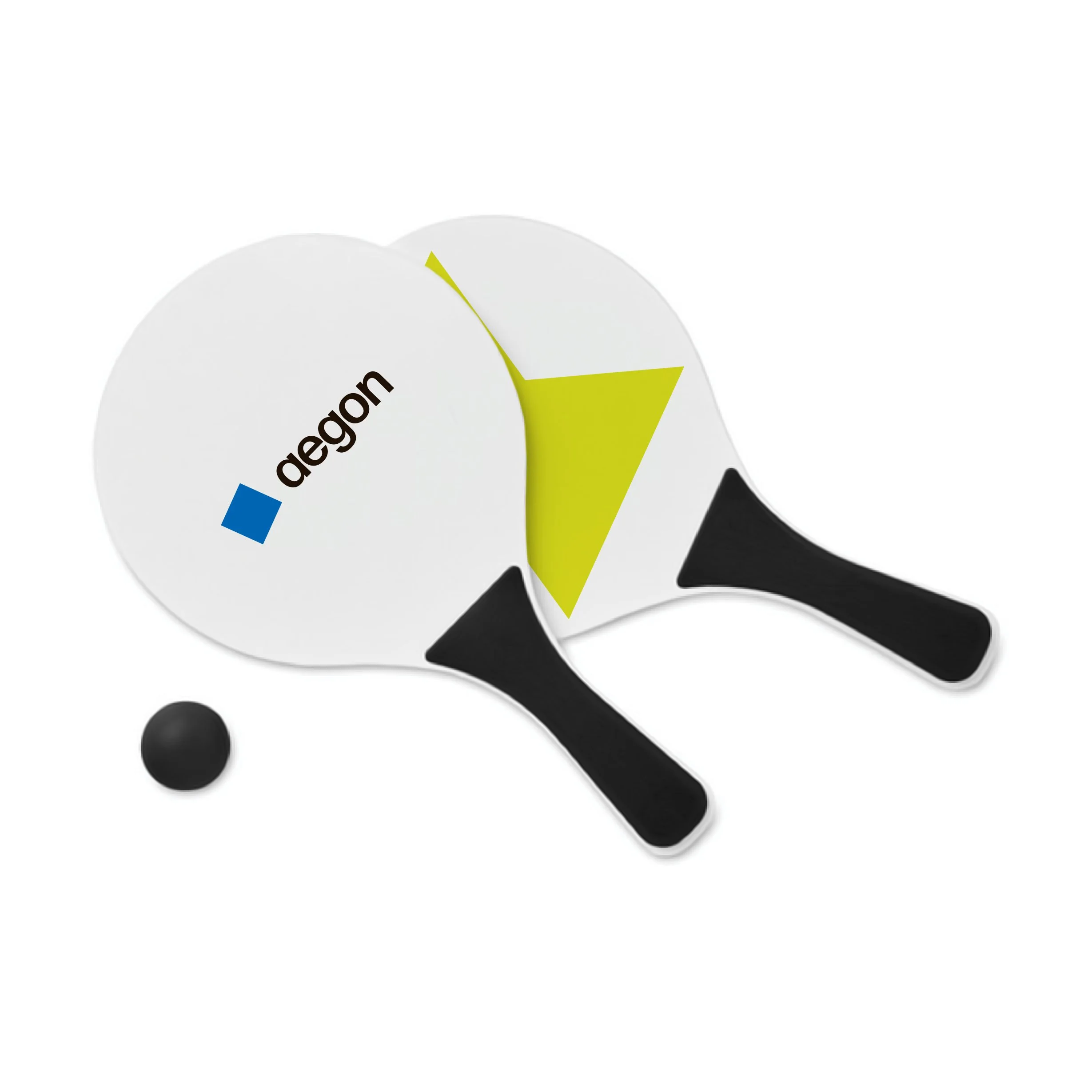 Two ping pong paddles, one with a yellow triangle marking, and a black ping pong ball.