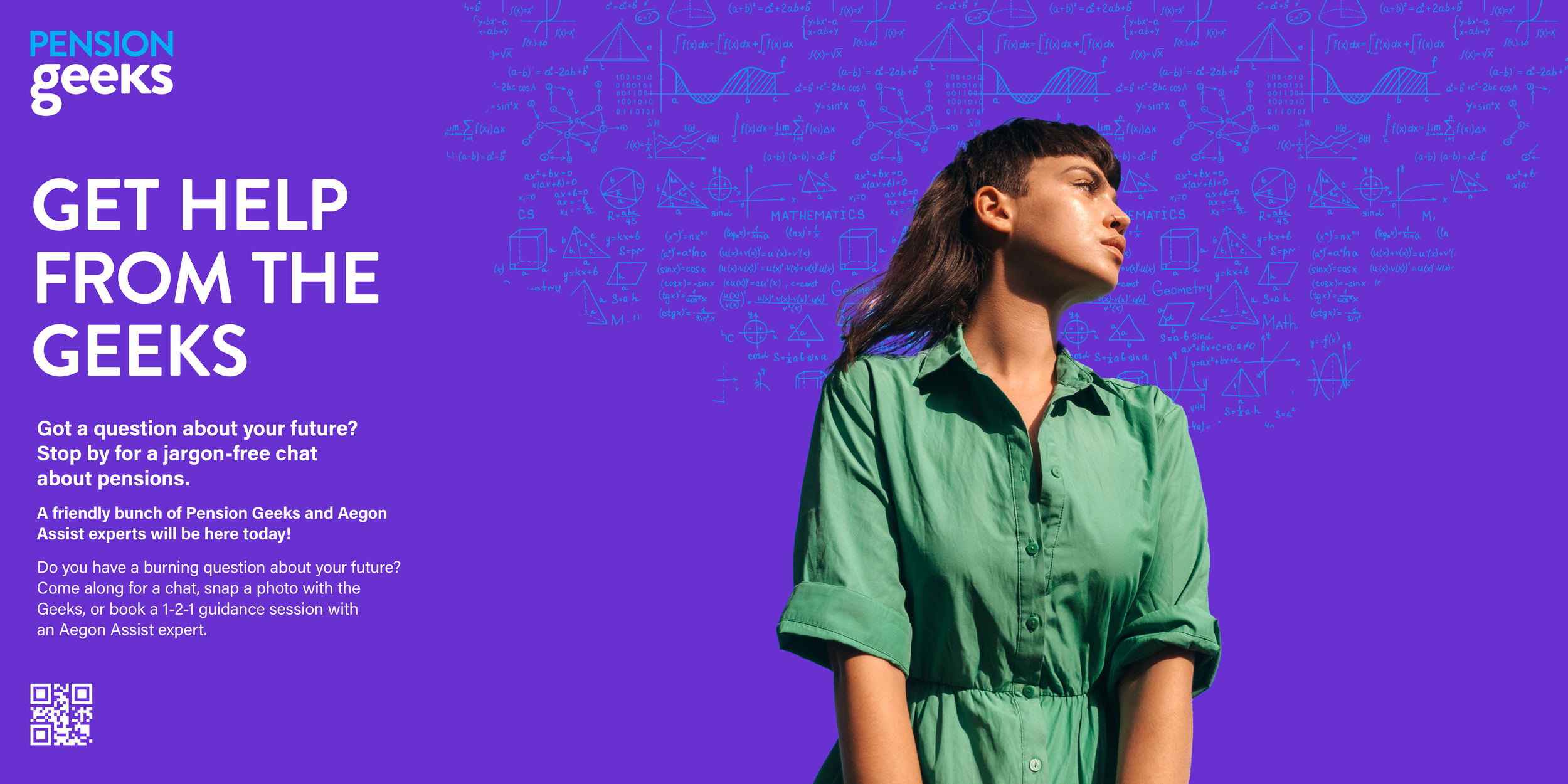 A woman in a green shirt standing outdoors against a purple background with mathematical equations and diagrams written in blue.