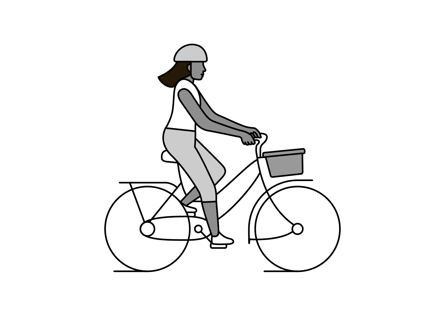 Digital illustration of a woman jumping with a bucket in black, white, and gray tones, wearing a helmet, t-shirt, pants, and boots.