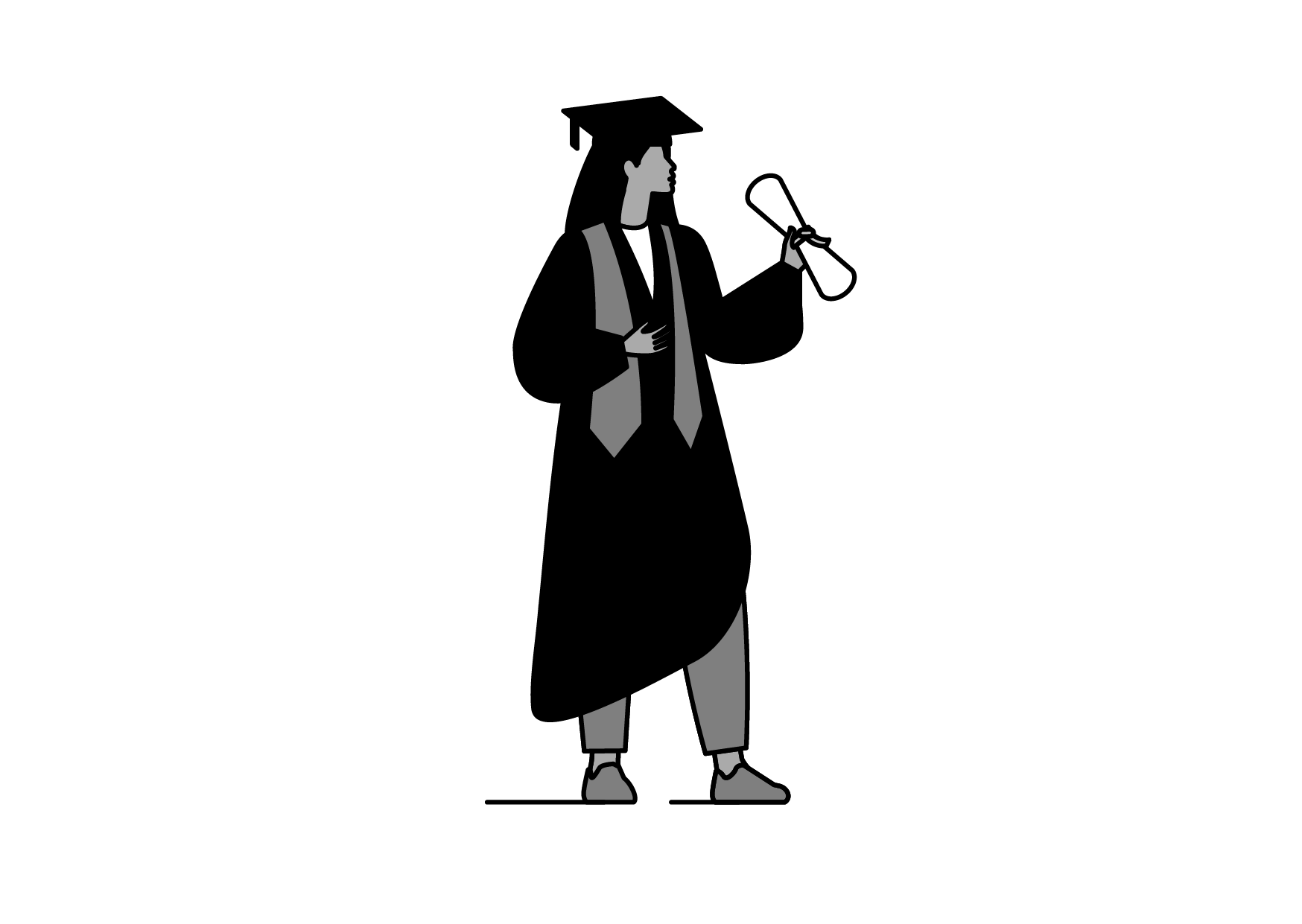 Black and white illustration of a man in a suit holding a rolled-up diploma, standing and smiling.