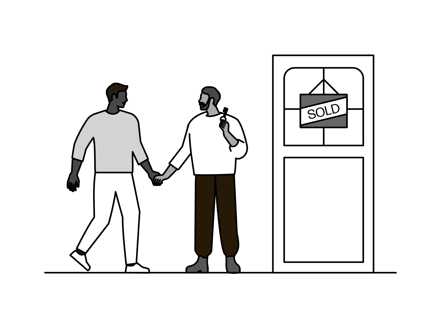 Two men shaking hands in front of a real estate for sale sign with 'SOLD' written on it.