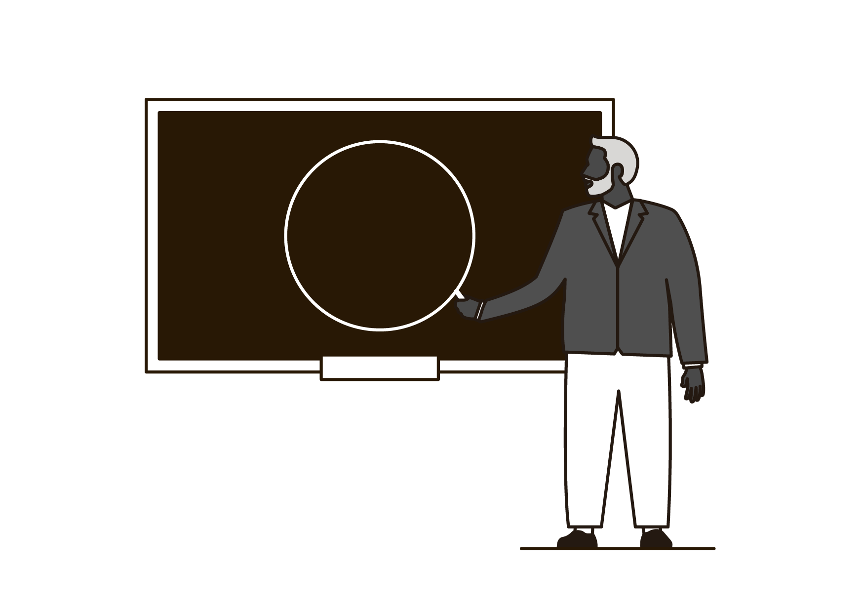A man dressed in a suit standing next to a blackboard, pointing at a speech bubble outline.