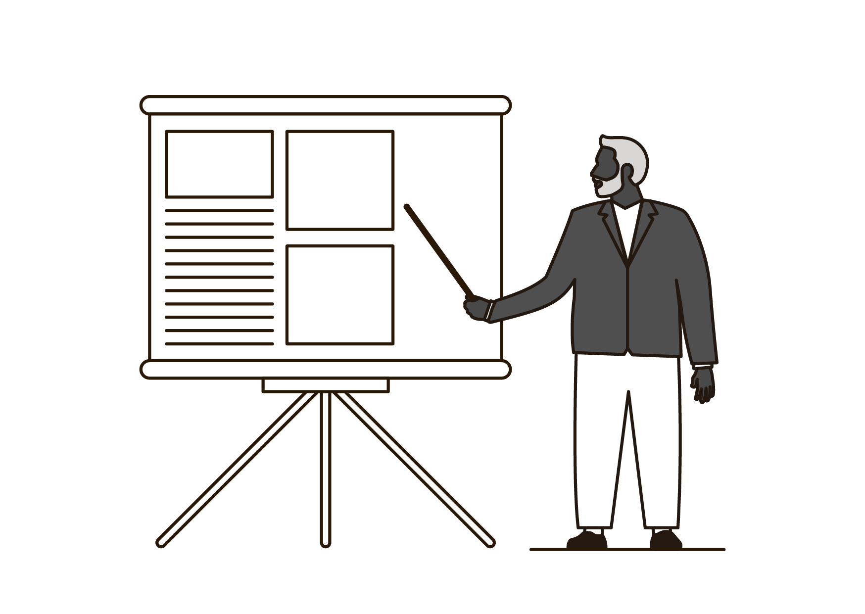 A man in a suit giving a presentation using a pointer to a chart or infographic on a stand.