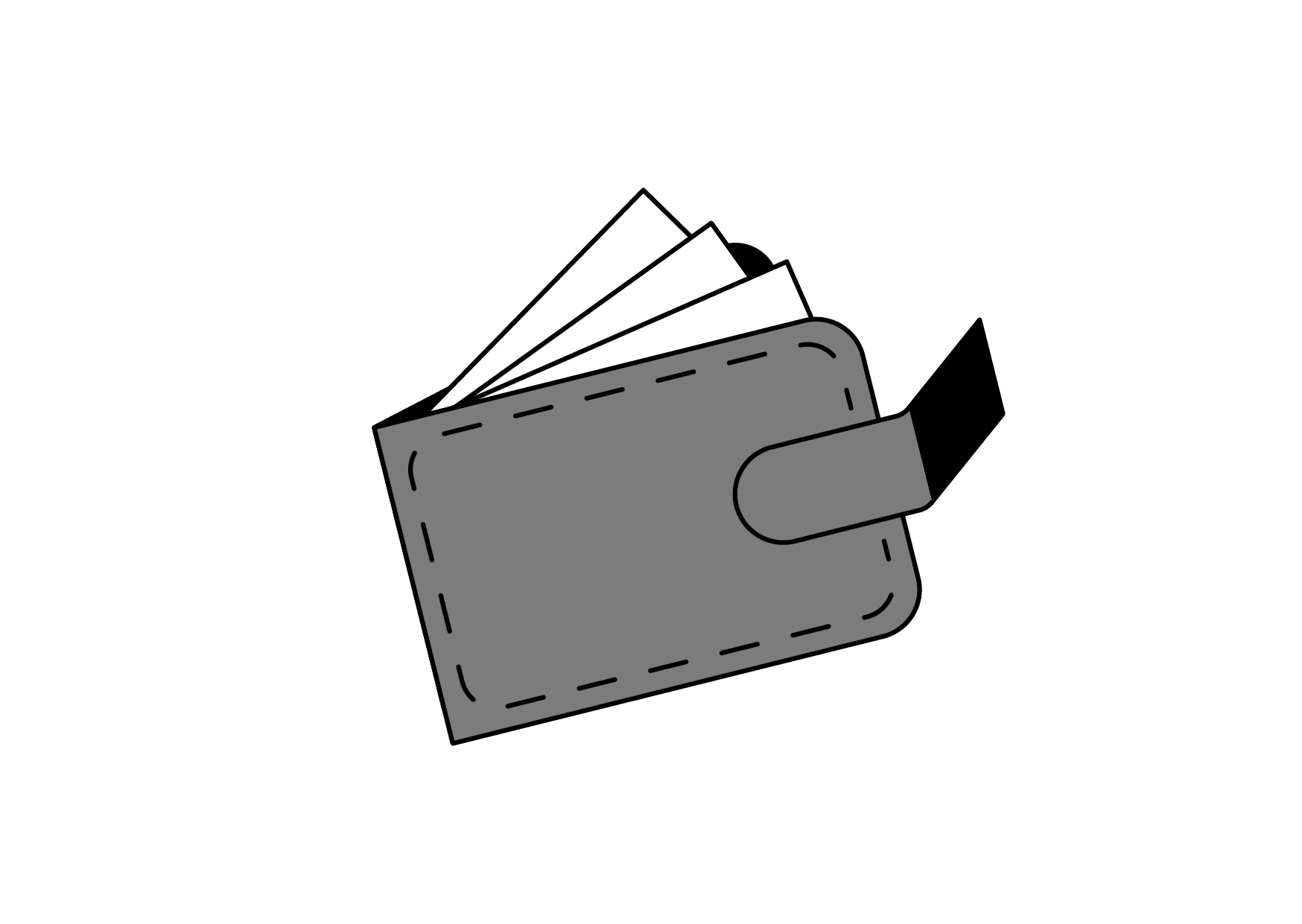 Gray wallet with white paper bills sticking out, on a black background.