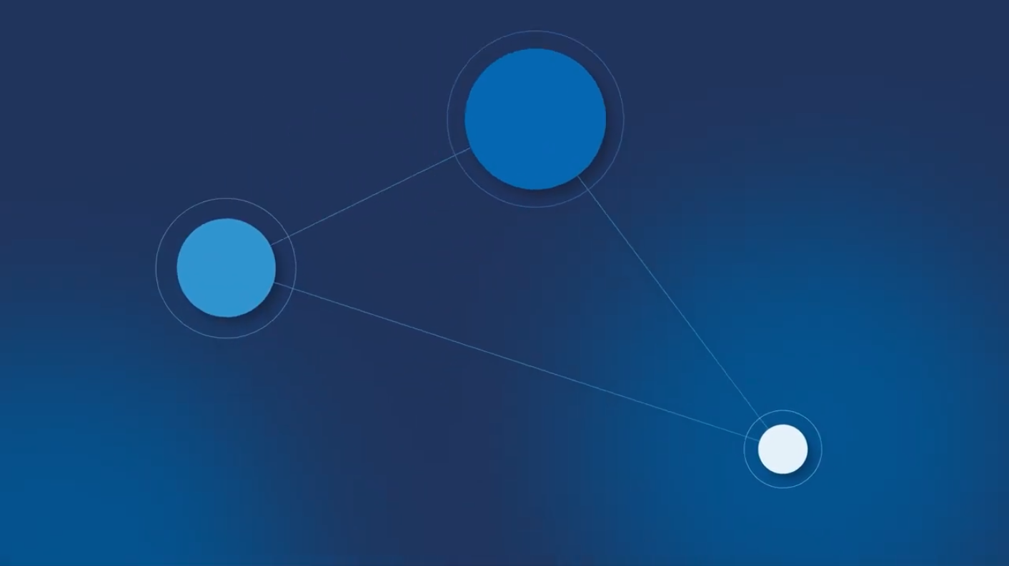 A digital graphic with three connected circles of varying sizes on a blue background.