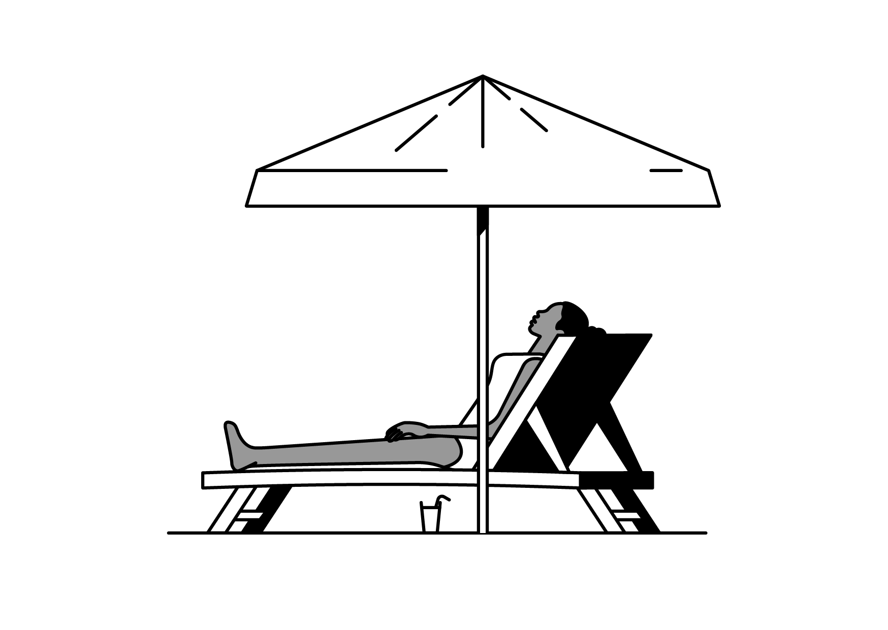 A person relaxing on a lounge chair under a large beach umbrella on a black background.