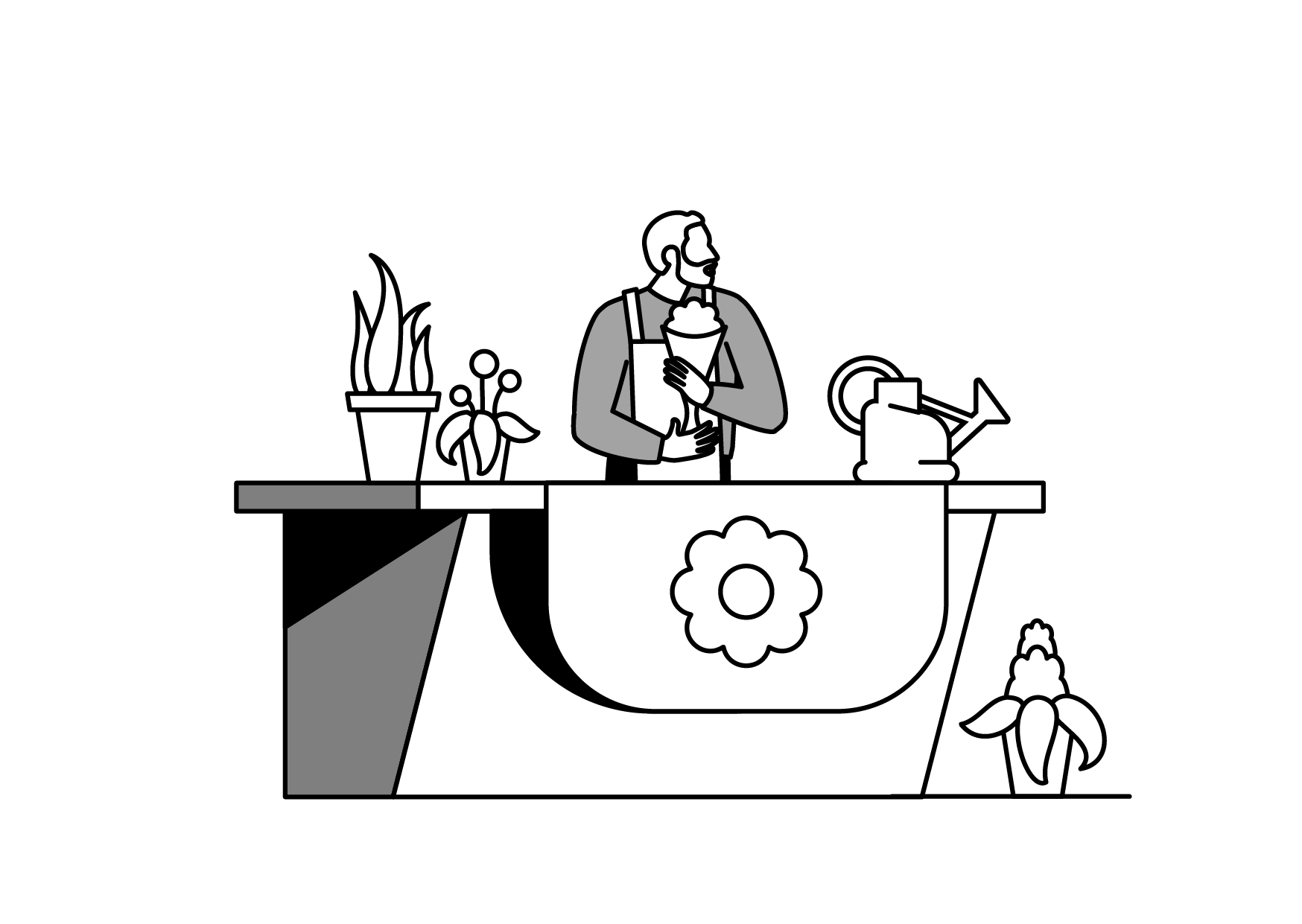 A black and white illustration of a man standing behind an outdoor flower shop counter, holding an ice cream cone, with potted plants and a watering can on the counter.