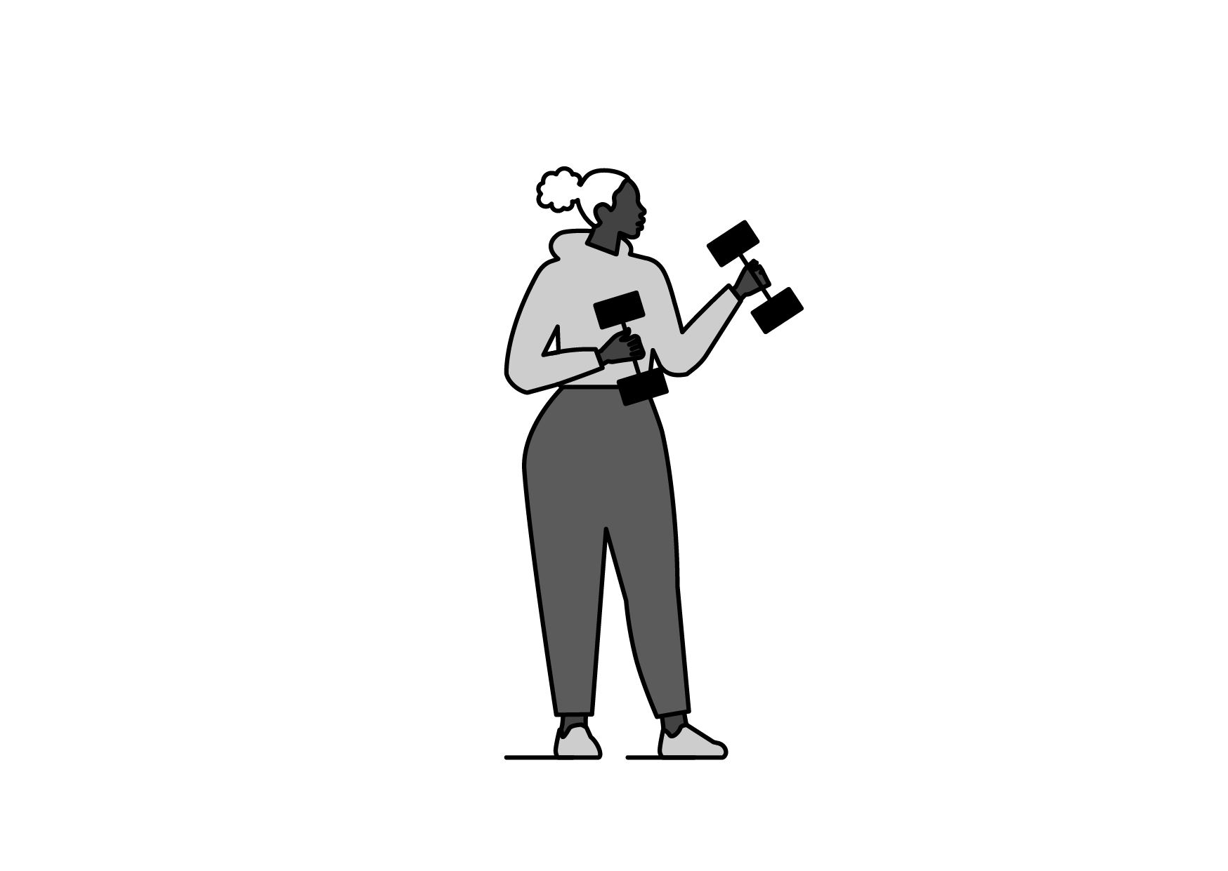 Minimalist black and white illustration of a woman standing and holding a smartphone and a coffee cup.