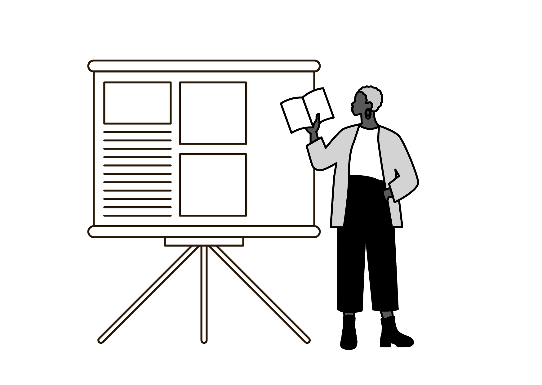 A person with curly hair reading a book while standing next to a presentation board on a tripod