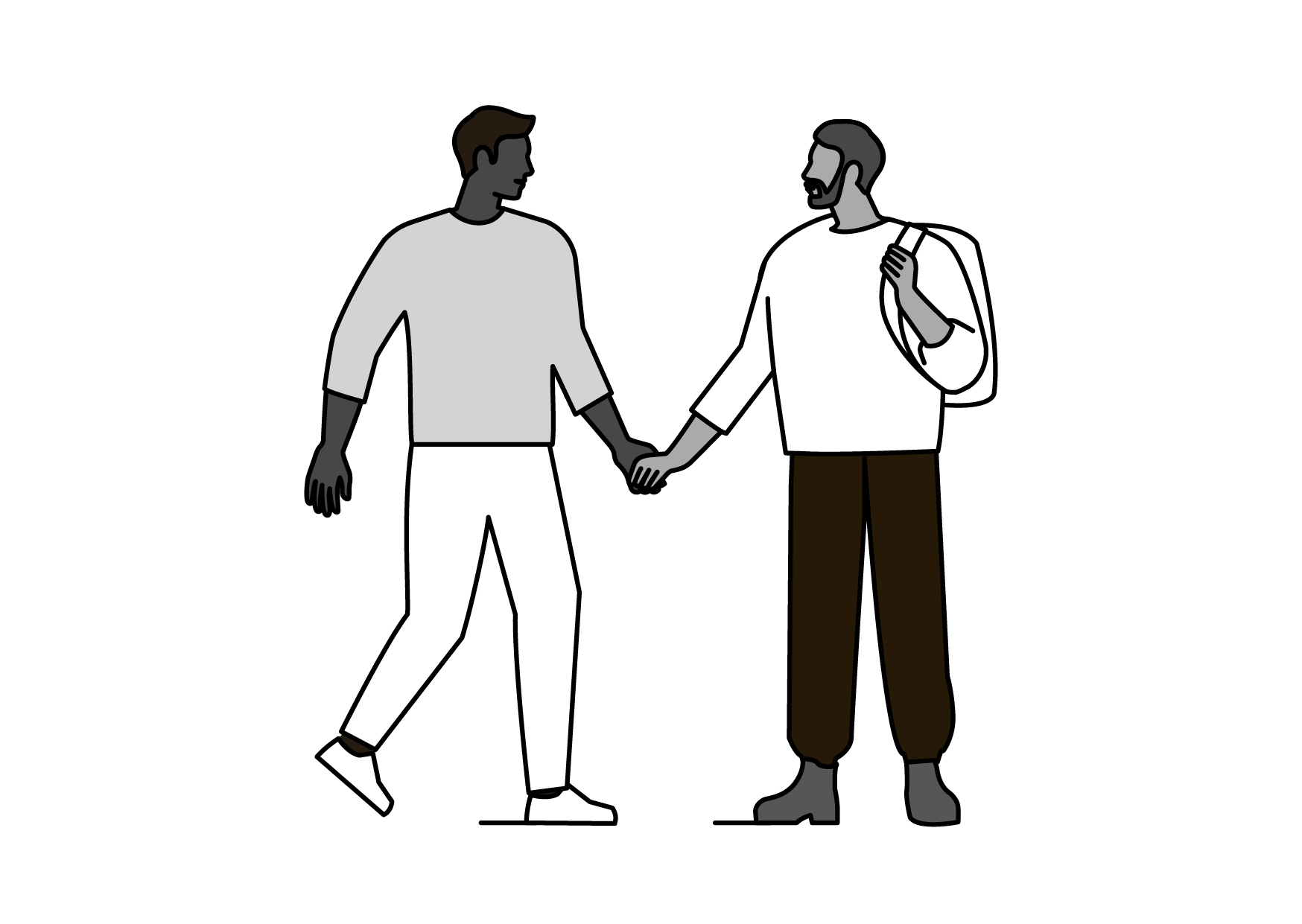 Two men holding hands, walking and smiling at each other against a black background.
