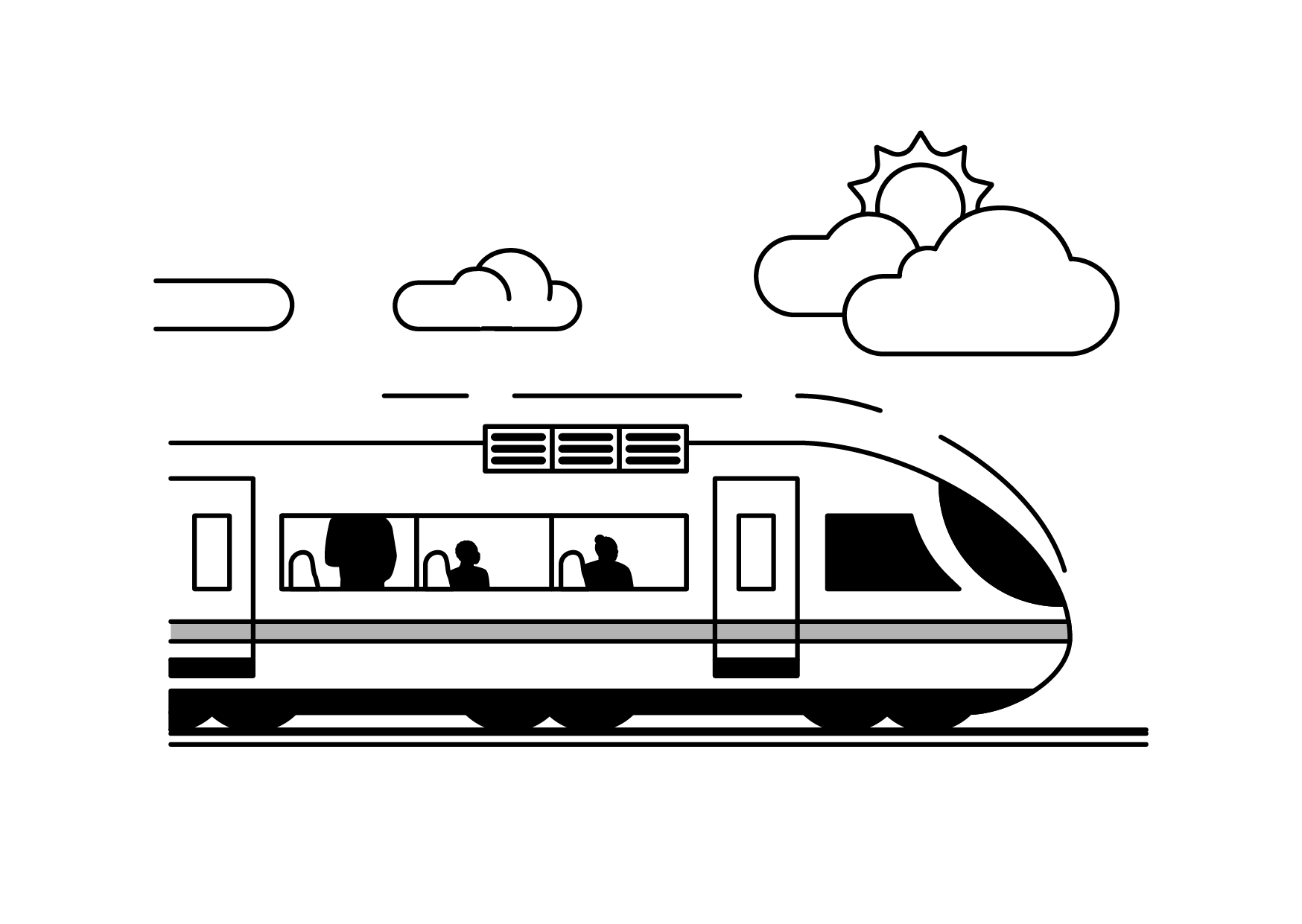 Black and white illustration of a modern train on tracks, with three passengers visible through the window, and a background of clouds and sun.