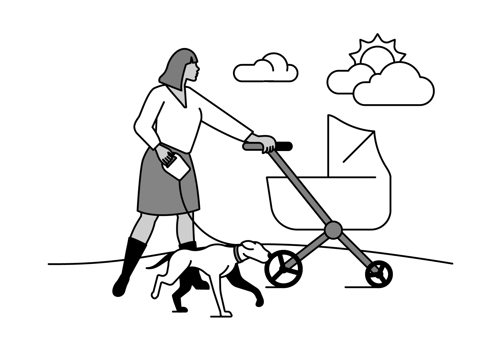 Woman walking a dog while pushing a stroller, with a cloud and sun in the sky.