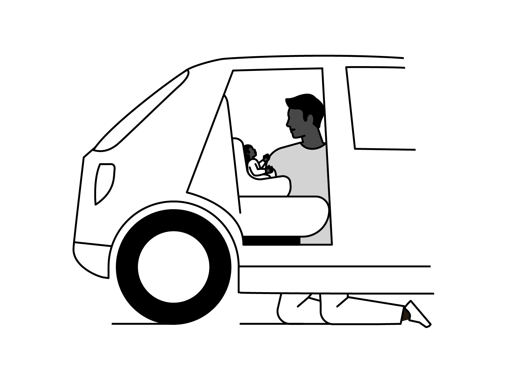 A person kneeling and fixing a van with the door open, showing a man inside holding a baby.