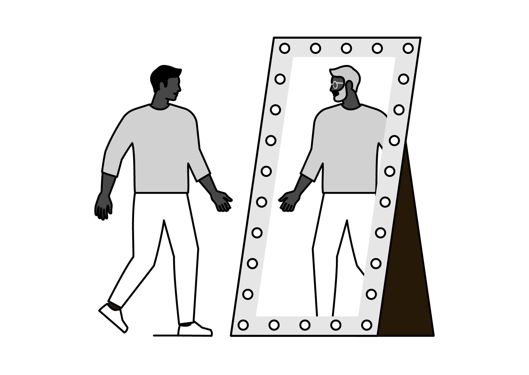 A person looking at a full-length mirror with lights around the frame, trying on clothes and checking their appearance.