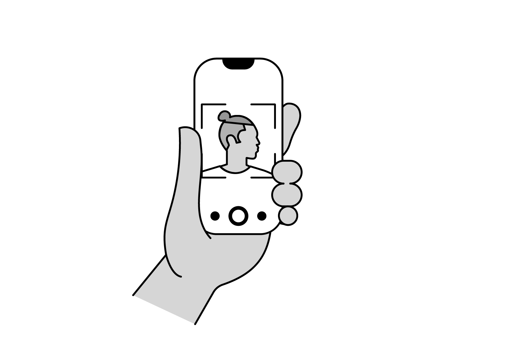 A minimalist black and white illustration of a hand holding a smartphone, displaying a photo of a woman with her hair up in a bun, facing to the side.