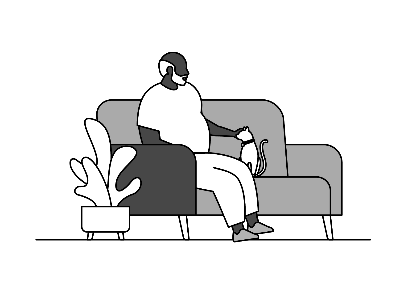 Illustration of an elder man sitting on a sofa with a small cat on their lap and a cat nearby, next to a plant.