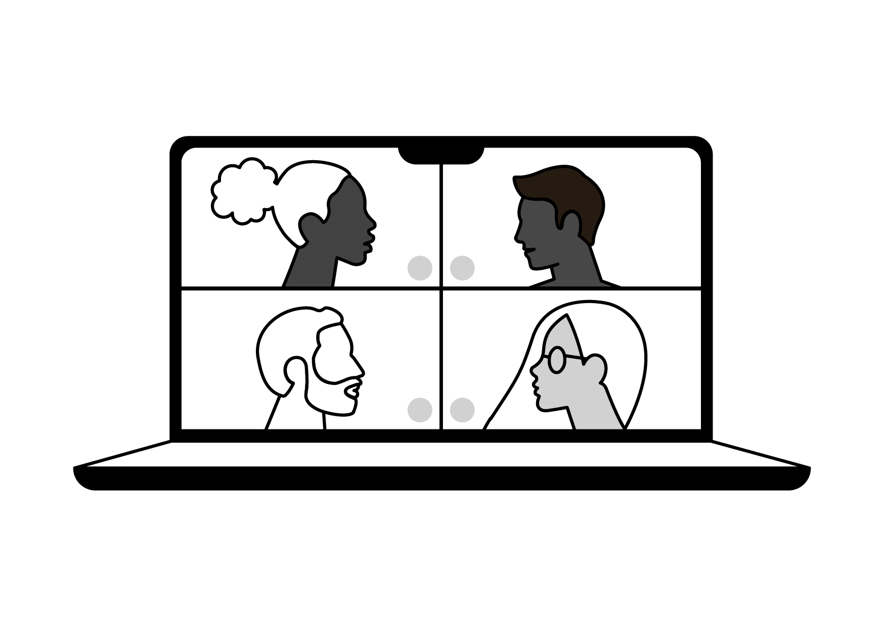 Four people participating in a virtual video call, each in their own quadrant on a screen, with a dark background and a white tabletop or surface at the bottom.