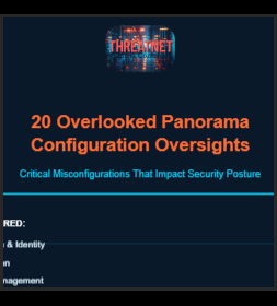 Cover page of a report titled '20 Overlooked Panorama Configuration Oversights' with a dark background and a THREATNET logo at the top.