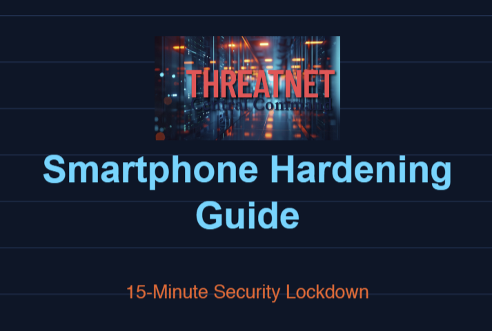 Cover page of a smartphone hardening guide with the title 'Smartphone Hardening Guide' and the subtitle '15-Minute Security Lockdown,' featuring a background of a cityscape with lights and a large 'ThreatNet' logo at the top.