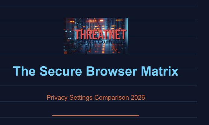 Title slide of a presentation titled "The Secure Browser Matrix" with a dark blue background, a logo that says "THREATNET," and a subtitle "Privacy Settings Comparison 2026" in orange.
