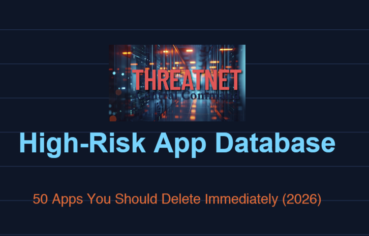 A digital graphic titled "High-Risk App Database" with a subtitle "50 Apps You Should Delete Immediately (2026)," featuring a background of a cityscape with data lines and a overlay of the word "THREATNET" in red.