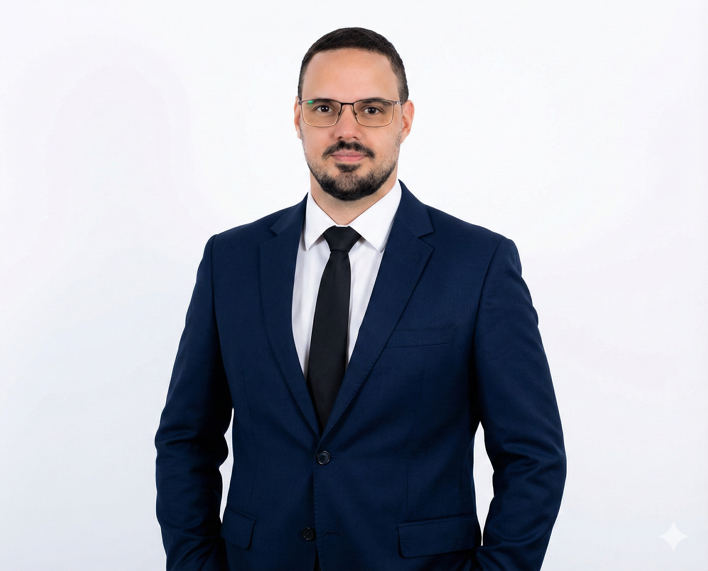 Homem de terno azul, óculos, camisa branca e gravata preta, posando contra fundo branco.
