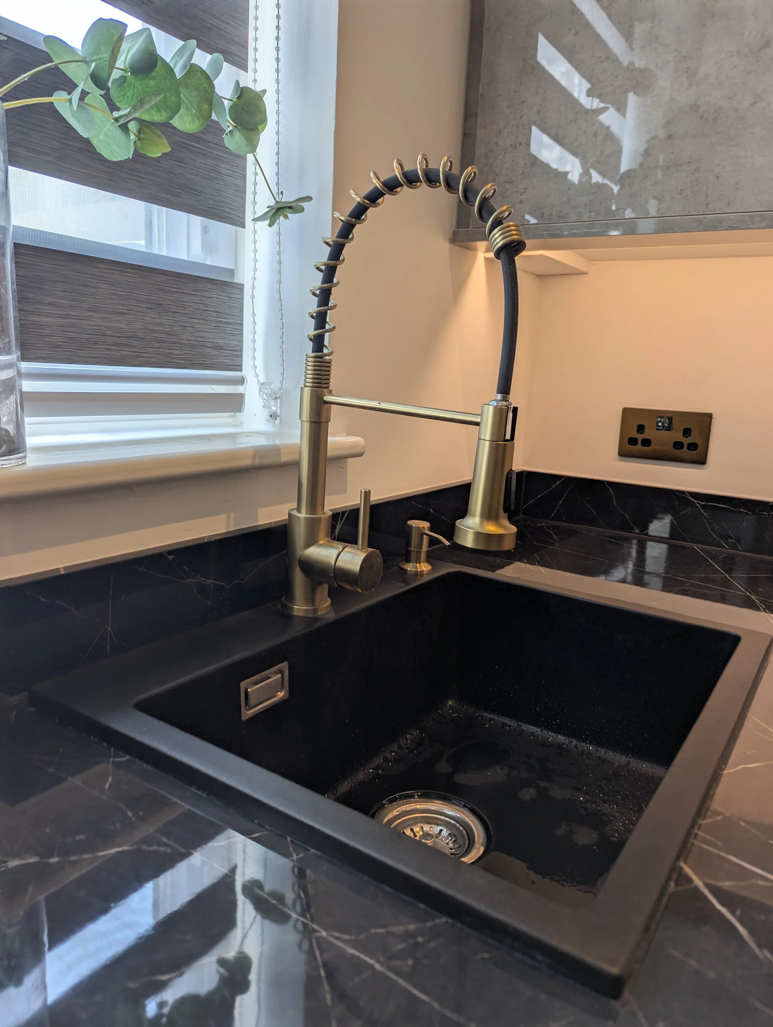 A modern black kitchen sink with a gold spring-style faucet, a small soap dispenser, and a window with a plant outside.