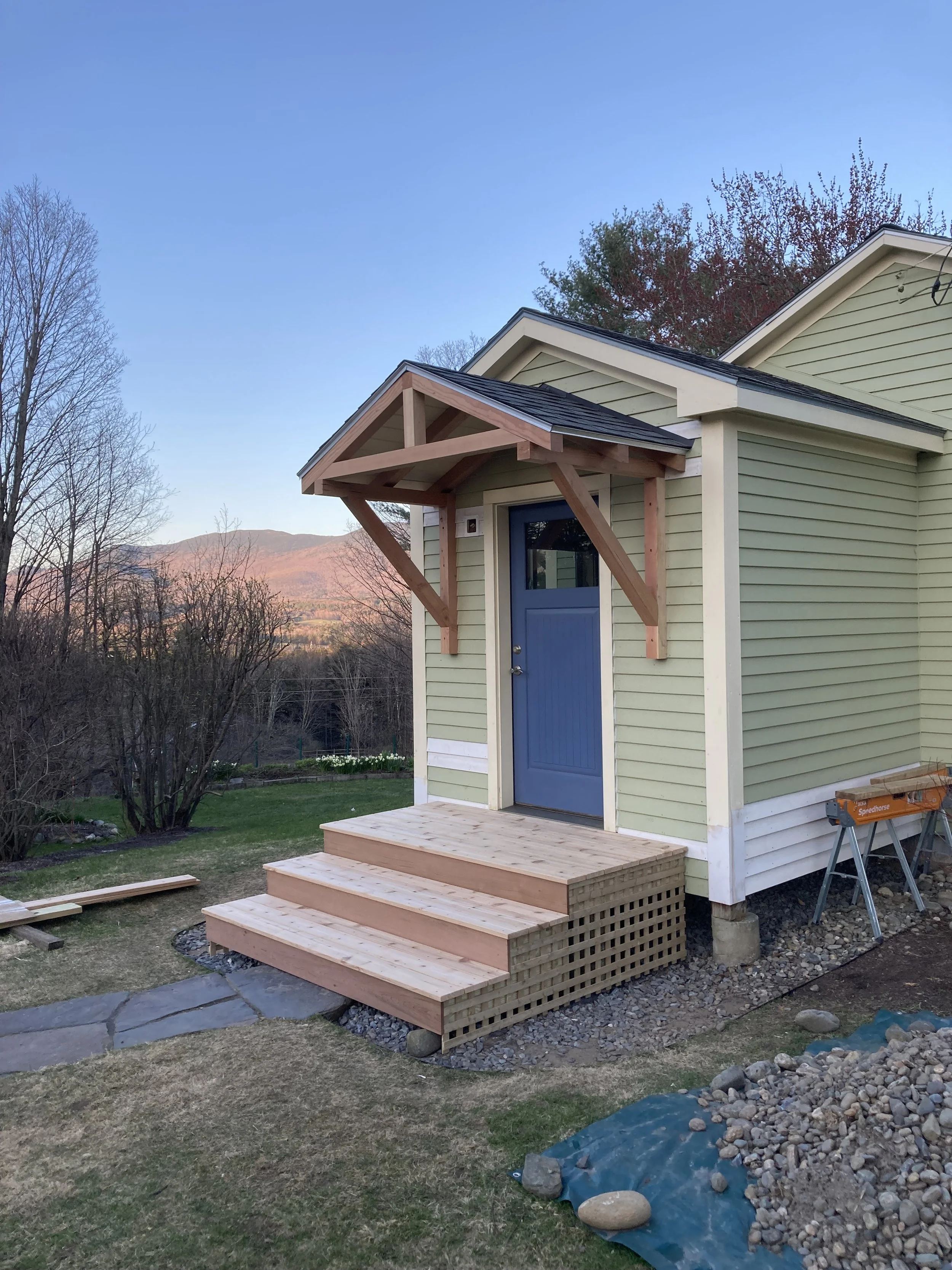 New entryway roof and cedar steps.  Waterbury, VT