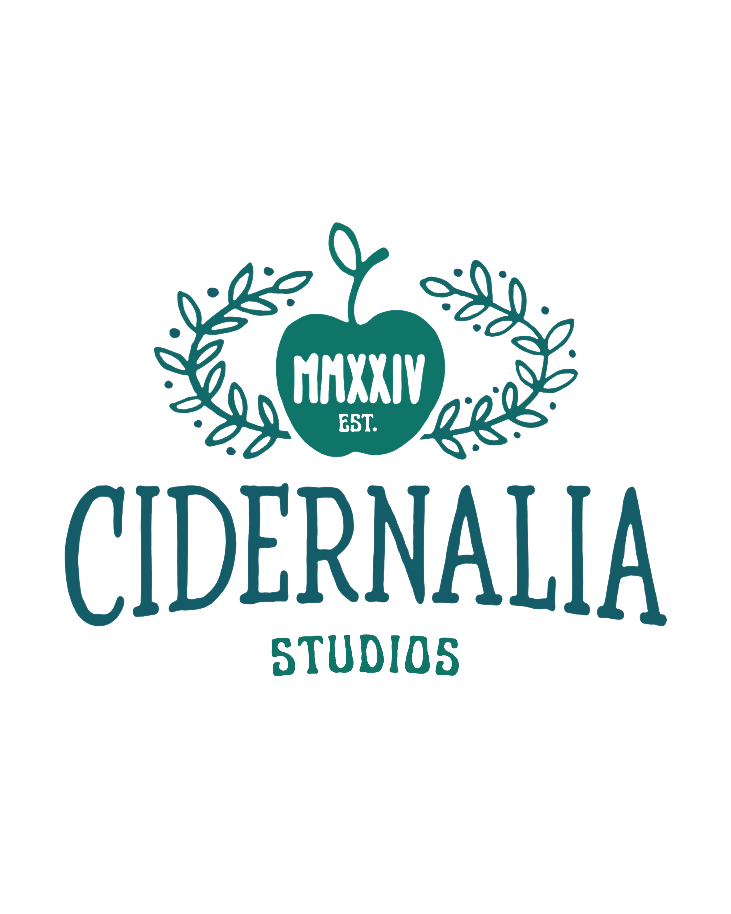 Logo for Cidernalia Studios featuring a teal apple listing an establishment date of 2024 in roman numerals, laurel branches on top, and the text 'Cidernalia Studios' below.