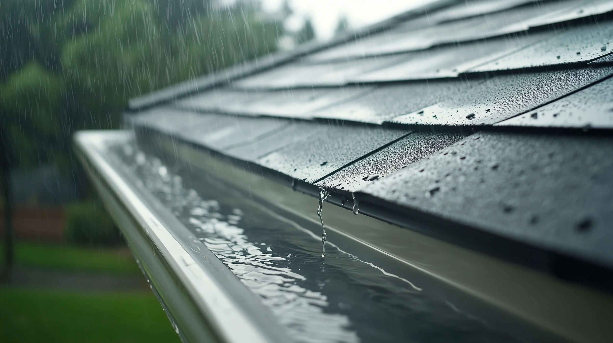 Rain falling onto roof and into gutters