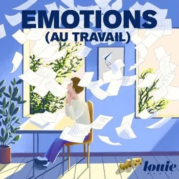 Une personne assise à une table de bureau, entourée de nombreux papiers en vol, avec deux fenêtres montrant des arbres et un ciel bleu, et un logo 'Louie' en bas à droite, illustrant le thème 'Émotions au travail'.