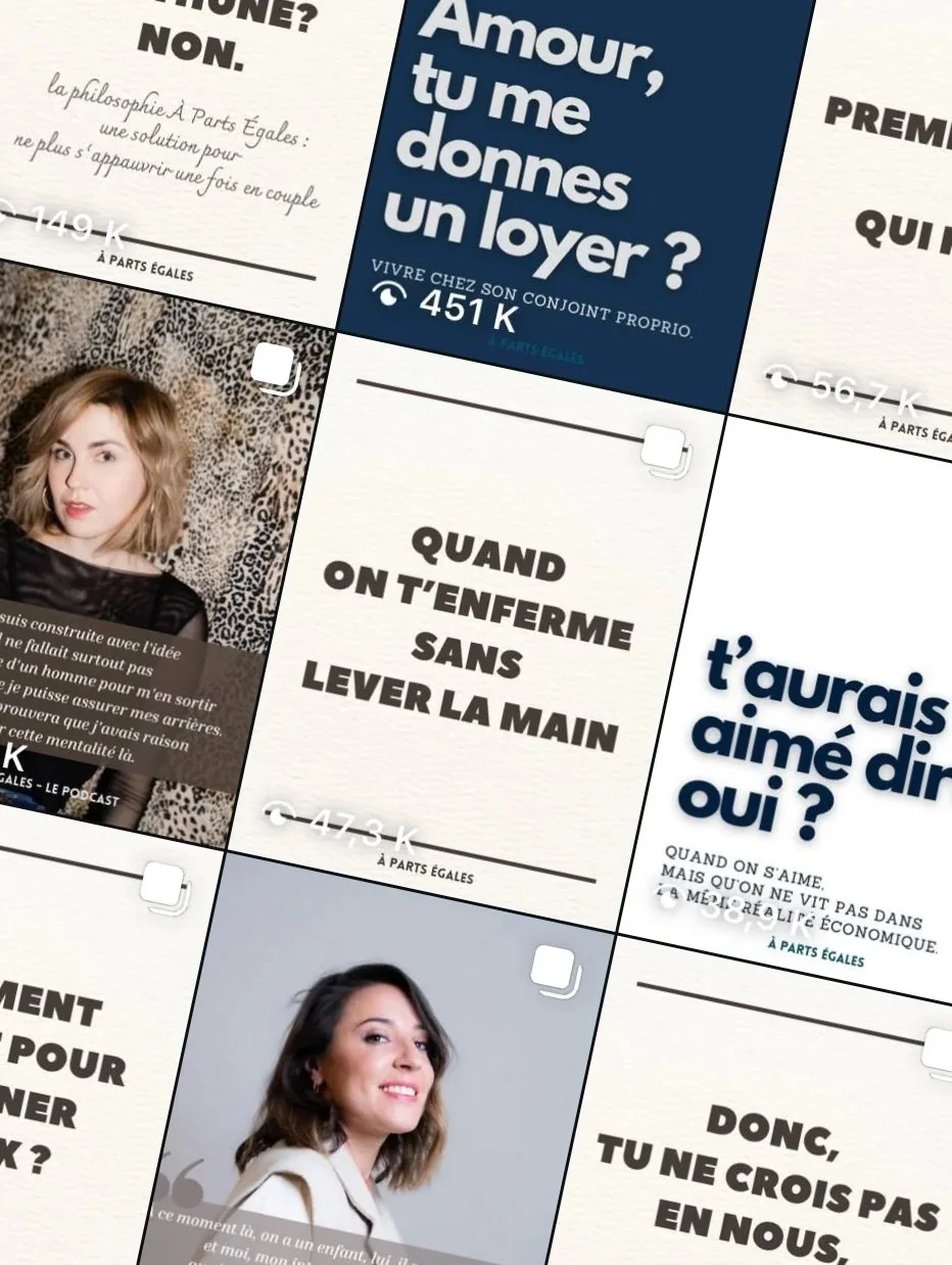 Collage de plusieurs posts illustrés avec textes en français, une citation, un portrait d'une femme et différents messages sur la vie et l'amour.